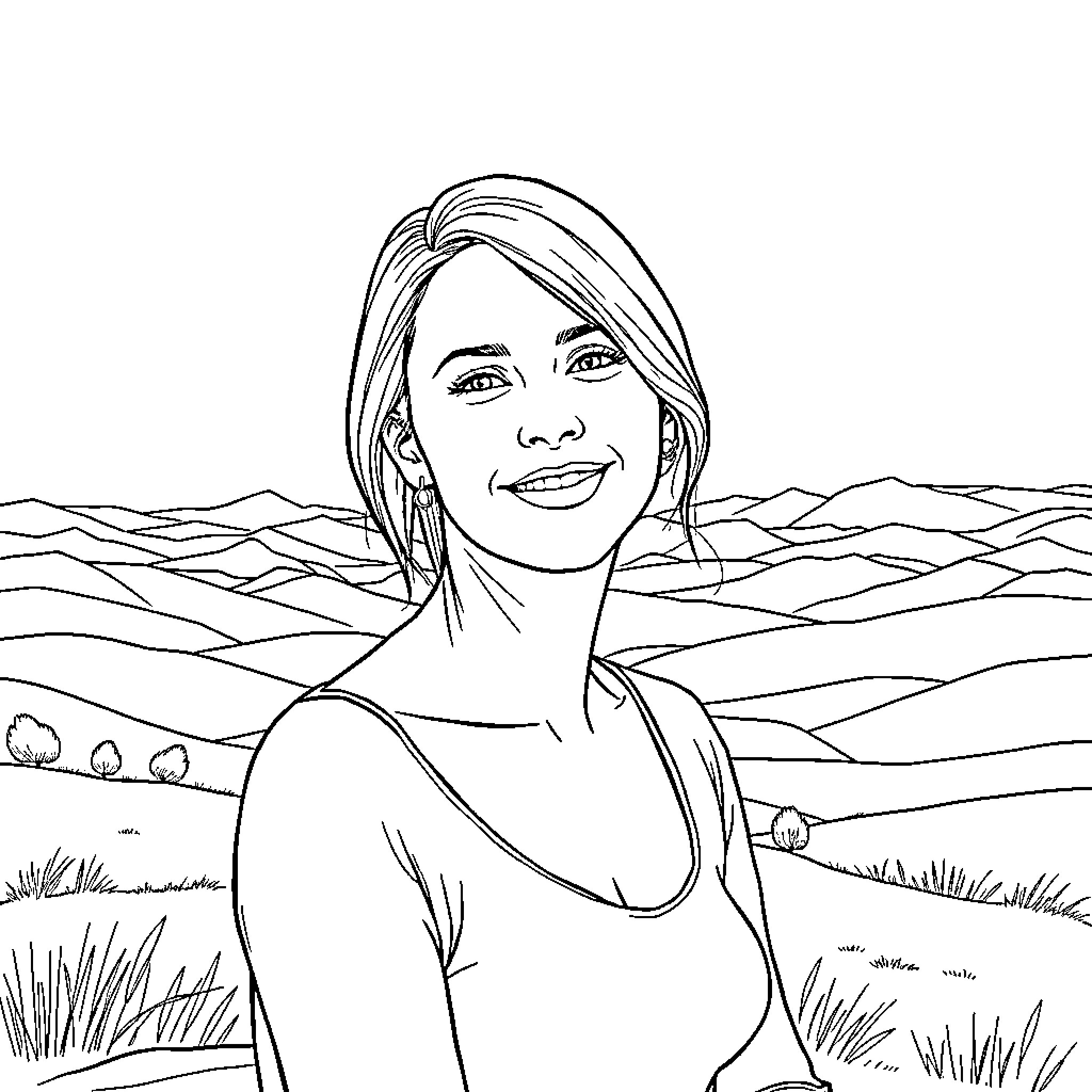 Woman Smiling in Scenic Outdoor Setting Coloring Page (free black-and-white line drawing printable PDF for all, from beginners to advanced learners, including children, teens, adults, and seniors)