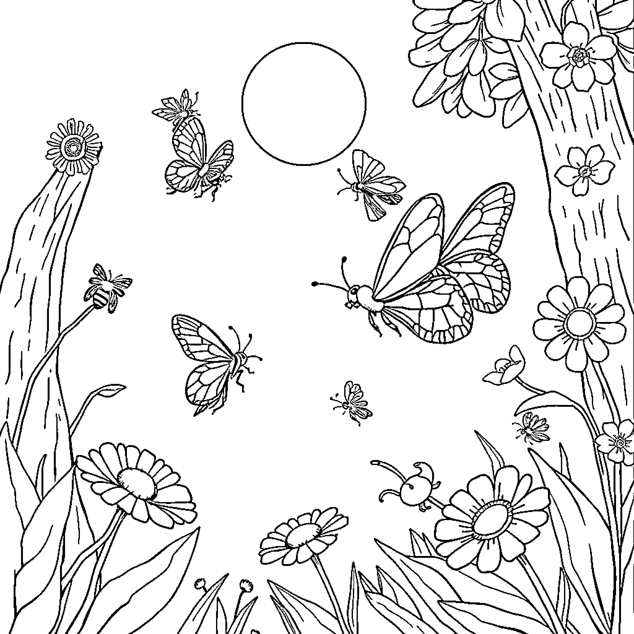 Insect flower garden with butterflies Coloring Page (free black-and-white line drawing printable PDF for all, from beginners to advanced learners, including children, teens, adults, and seniors)