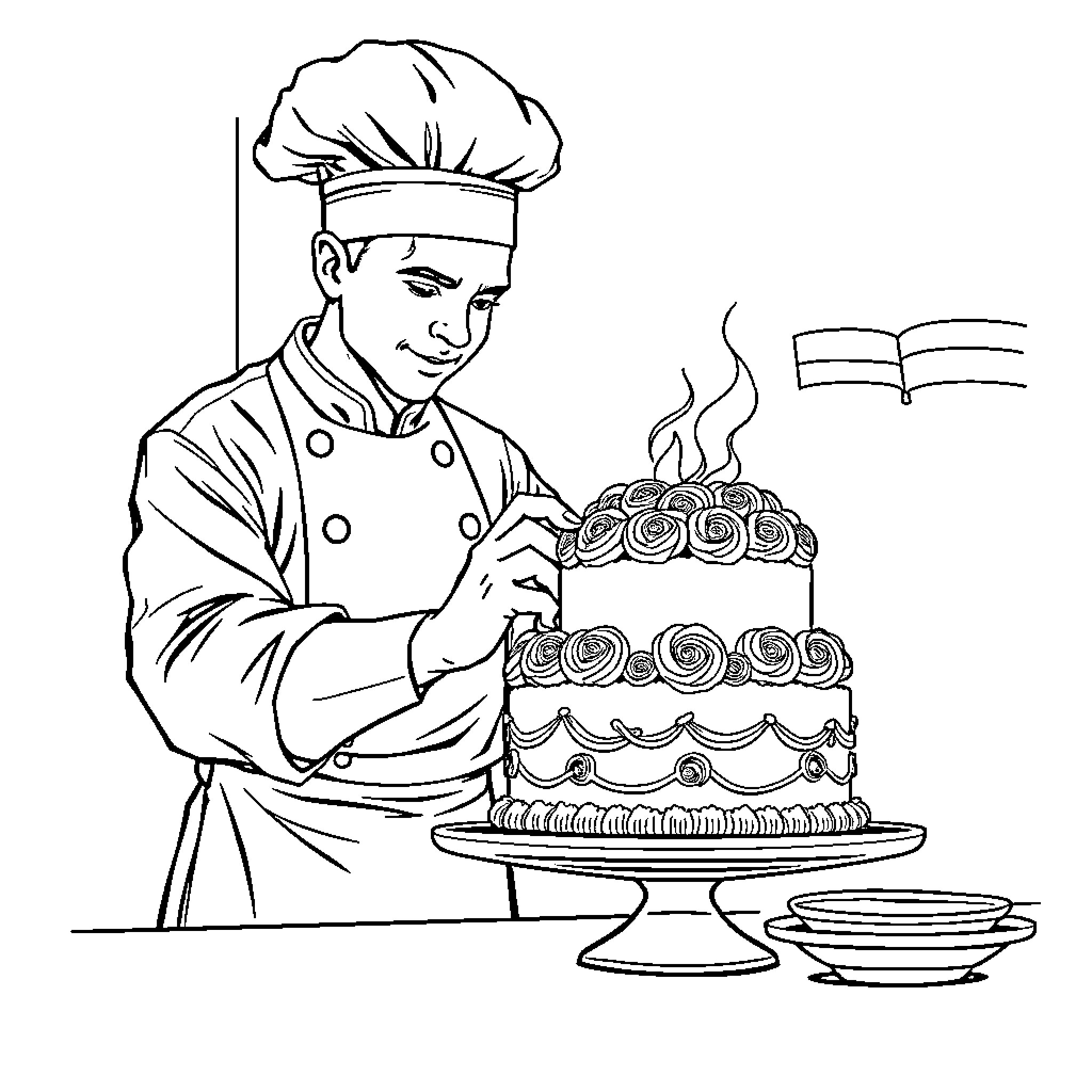 Baking a decorative cake in the kitchen Coloring Page (free black-and-white line drawing printable PDF for all, from beginners to advanced learners, including children, teens, adults, and seniors)