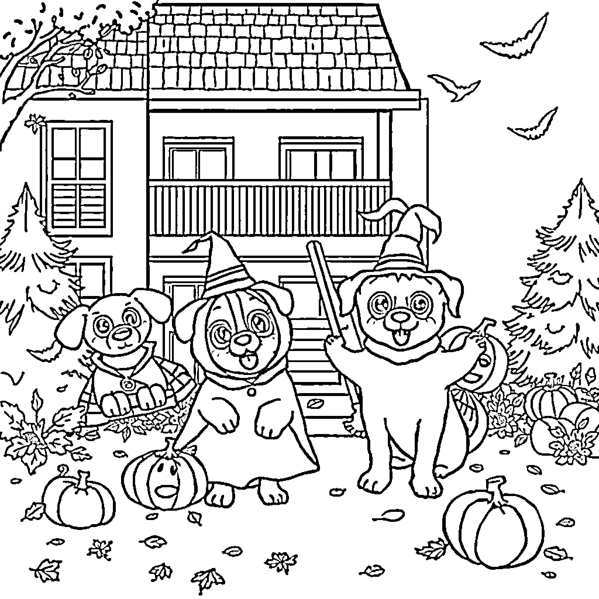 Pet dogs playing in autumn scenery Coloring Page (free black-and-white line drawing printable PDF for all, from beginners to advanced learners, including children, teens, adults, and seniors)