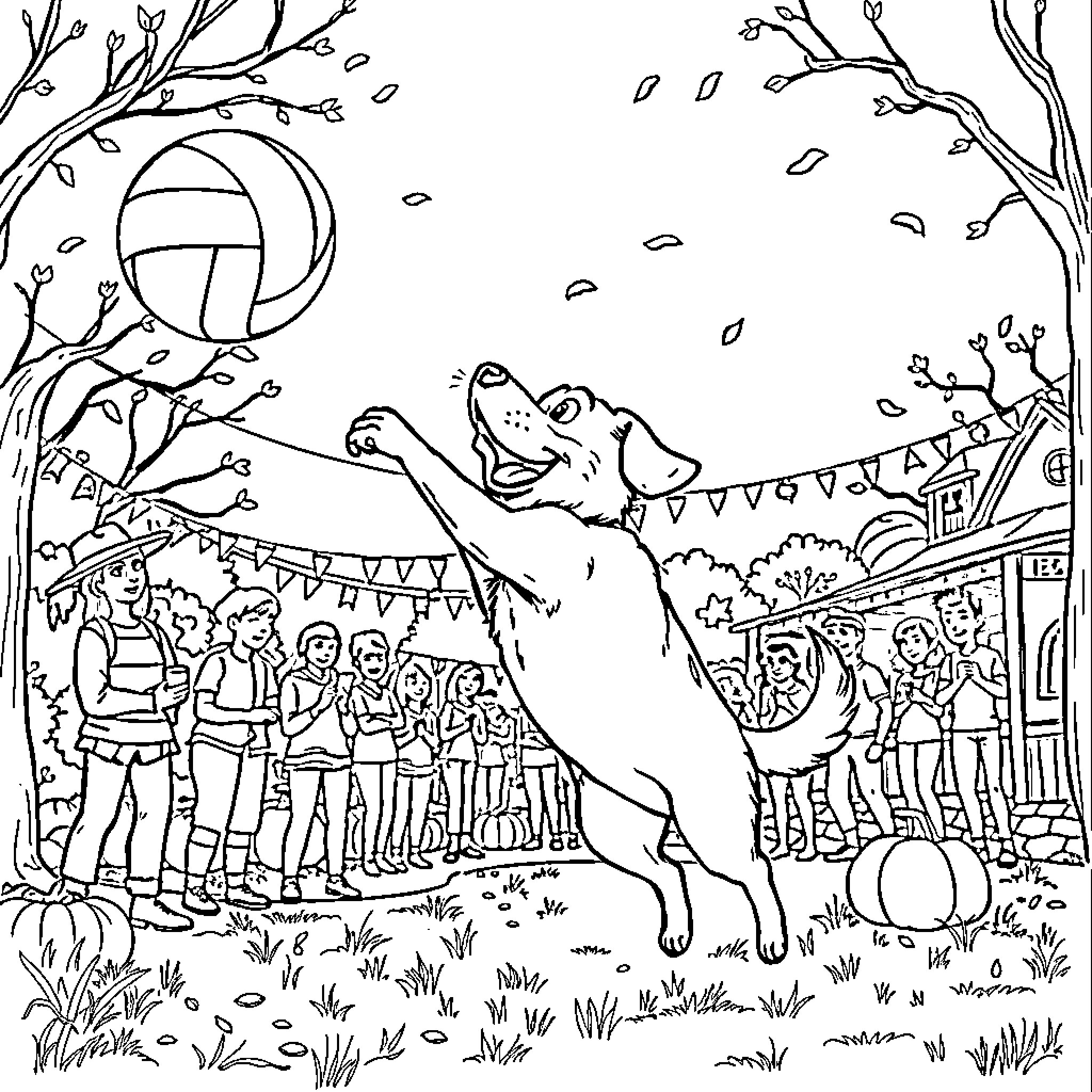 Dog performing at a carnival-like event Coloring Page (free black-and-white line drawing printable PDF for all, from beginners to advanced learners, including children, teens, adults, and seniors)