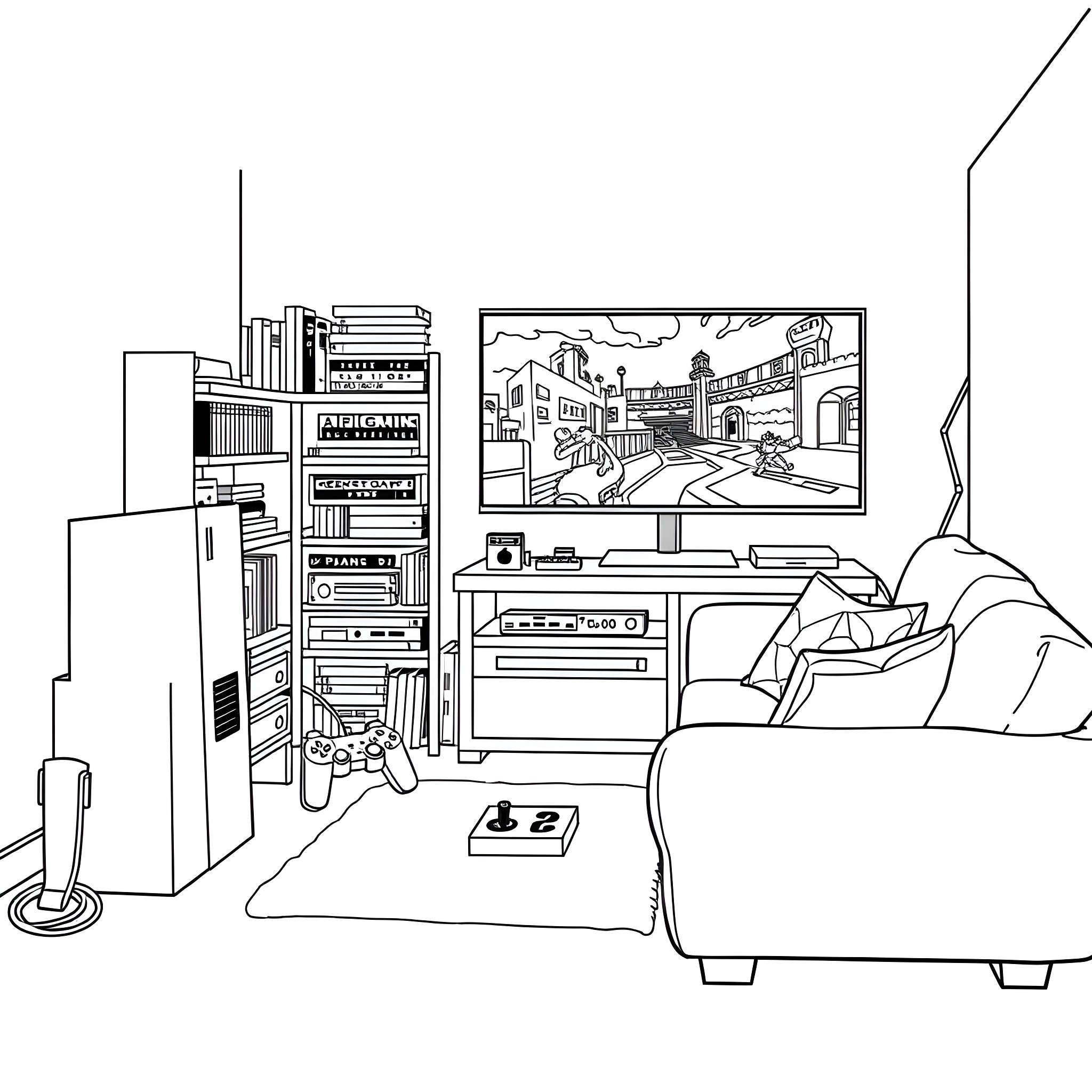 PlayStation 2 gaming setup in a cozy living room Coloring Page (free black-and-white line drawing printable PDF for all, from beginners to advanced learners, including children, teens, adults, and seniors)
