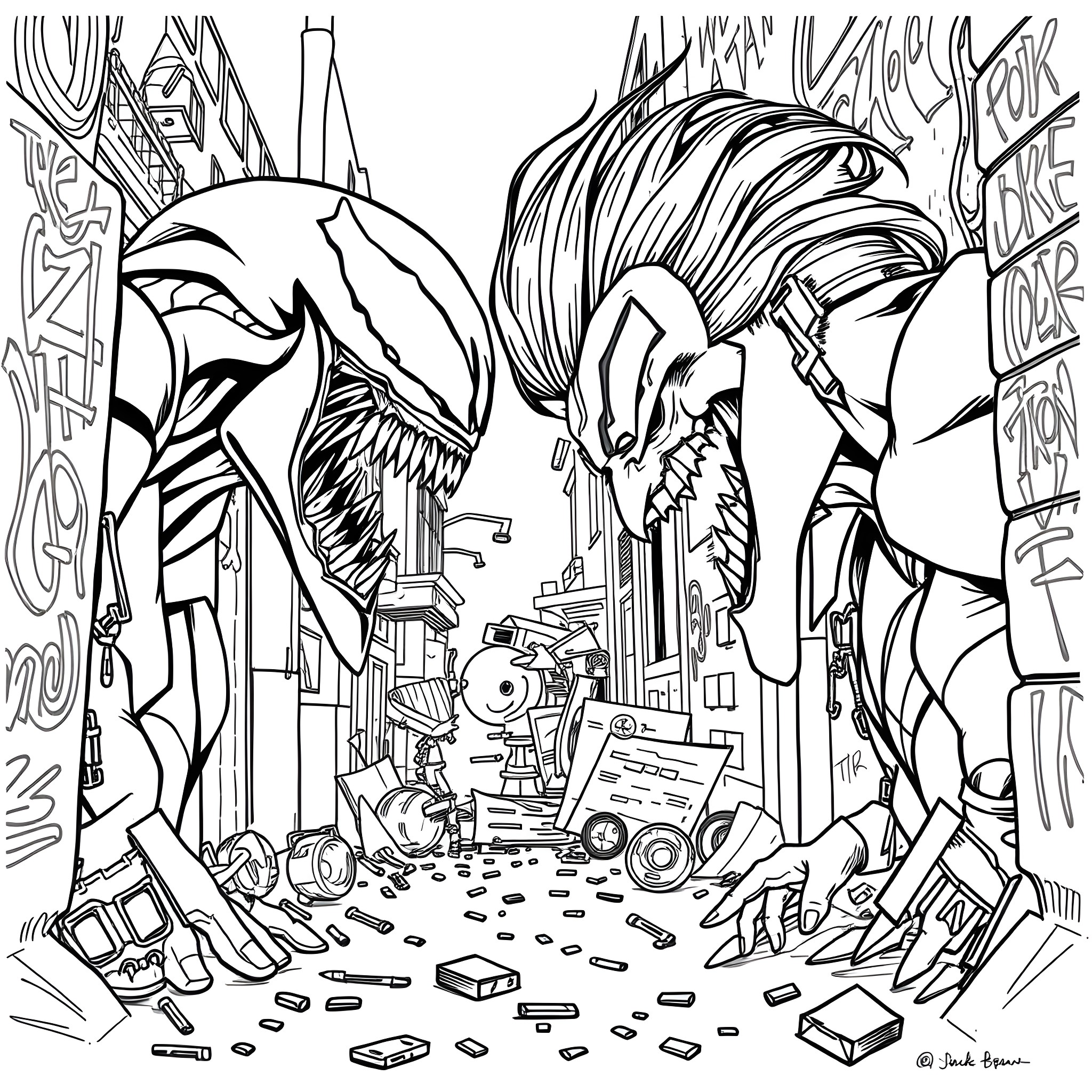 Venom unleashed in the urban chaos Coloring Page (free black-and-white line drawing printable PDF for all, from beginners to advanced learners, including children, teens, adults, and seniors)