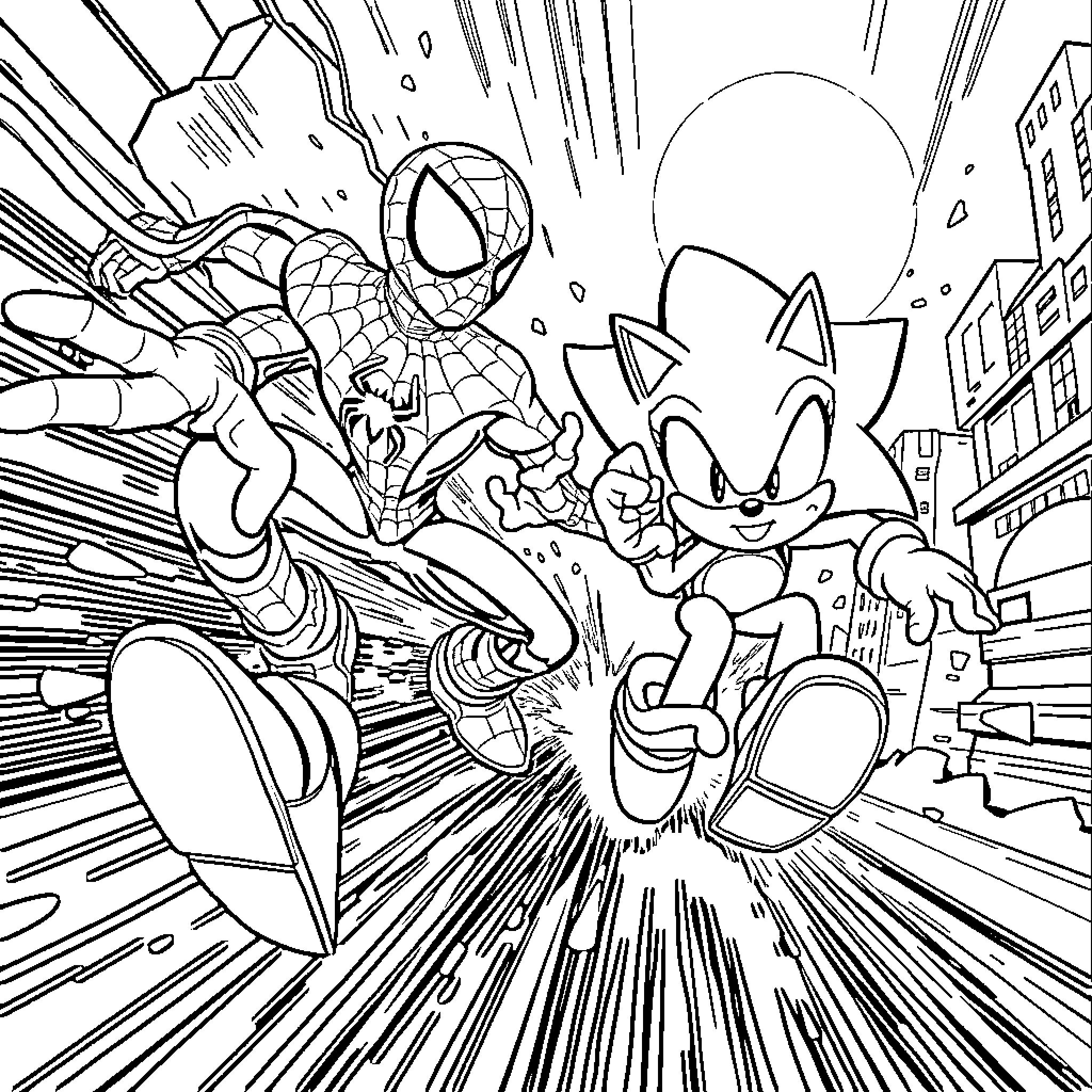 Sonic and Spider-Man race through the city Coloring Page (free black-and-white line drawing printable PDF for all, from beginners to advanced learners, including children, teens, adults, and seniors)