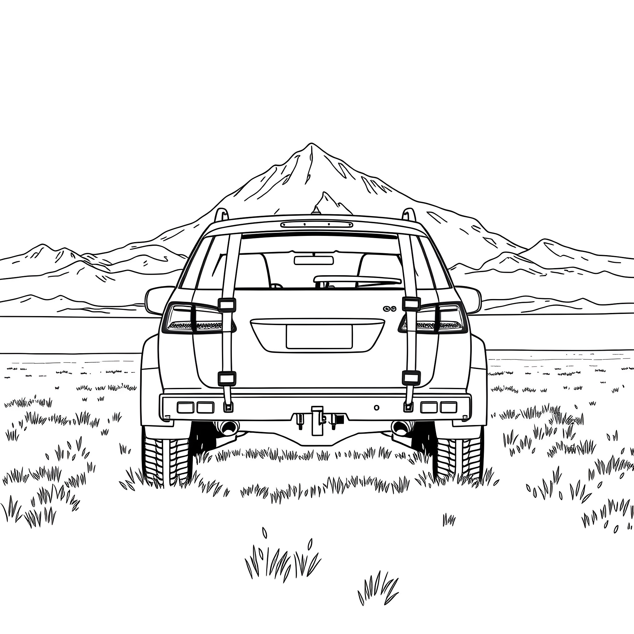 Car Trailer Parked in Scenic Mountain Landscape Coloring Page (free black-and-white line drawing printable PDF for all, from beginners to advanced learners, including children, teens, adults, and seniors)