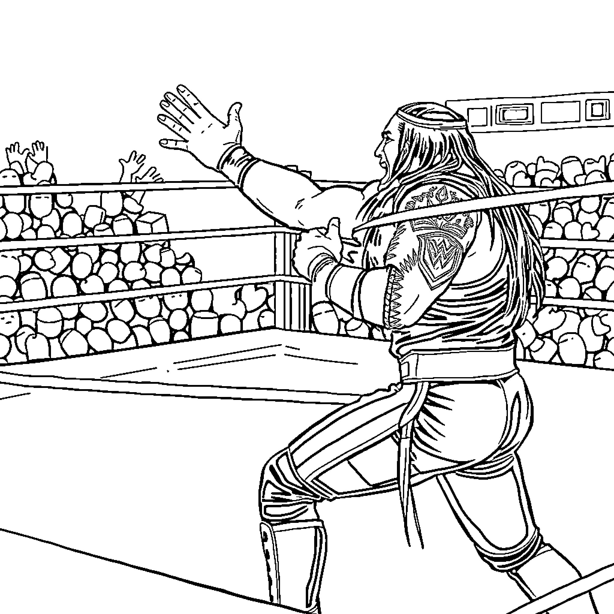 Jeff Hardy Performing High-Flying Moves in the Ring Coloring Page (free black-and-white line drawing printable PDF for all, from beginners to advanced learners, including children, teens, adults, and seniors)