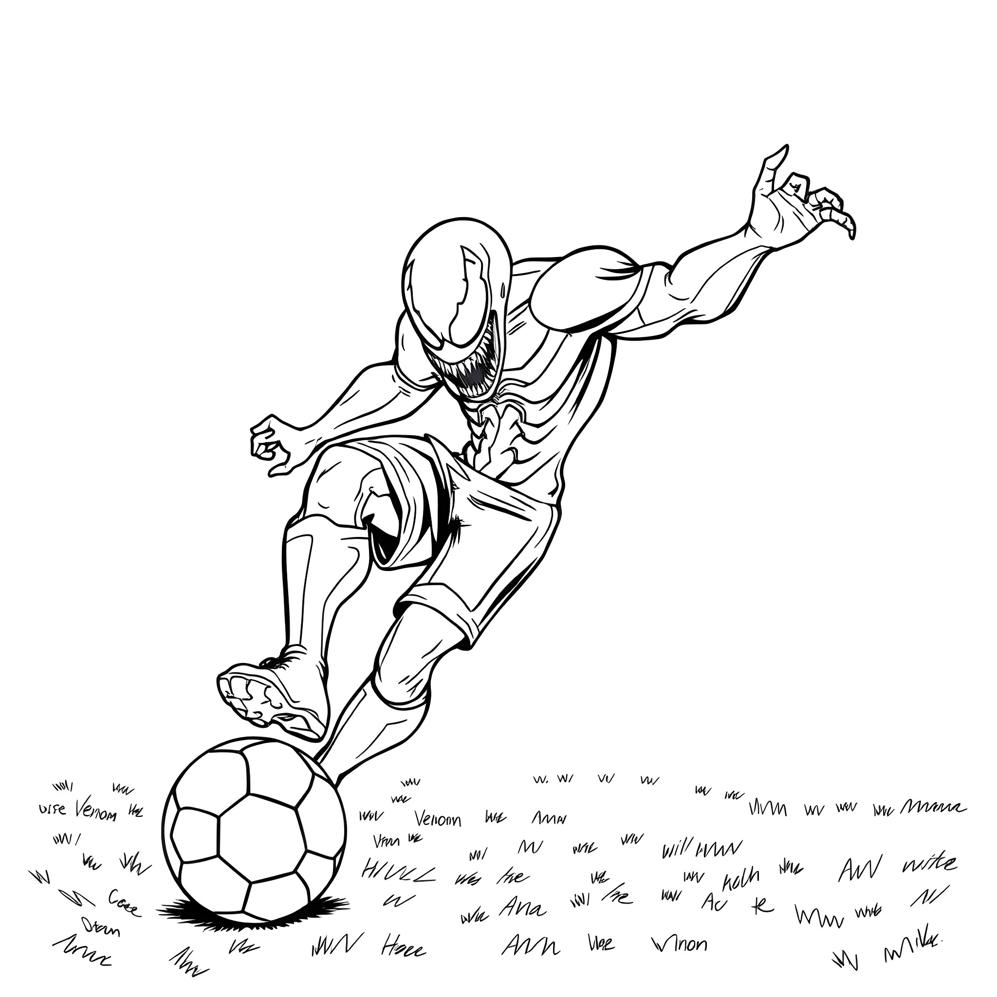 Venom playing soccer with determination Coloring Page (free black-and-white line drawing printable PDF for all, from beginners to advanced learners, including children, teens, adults, and seniors)