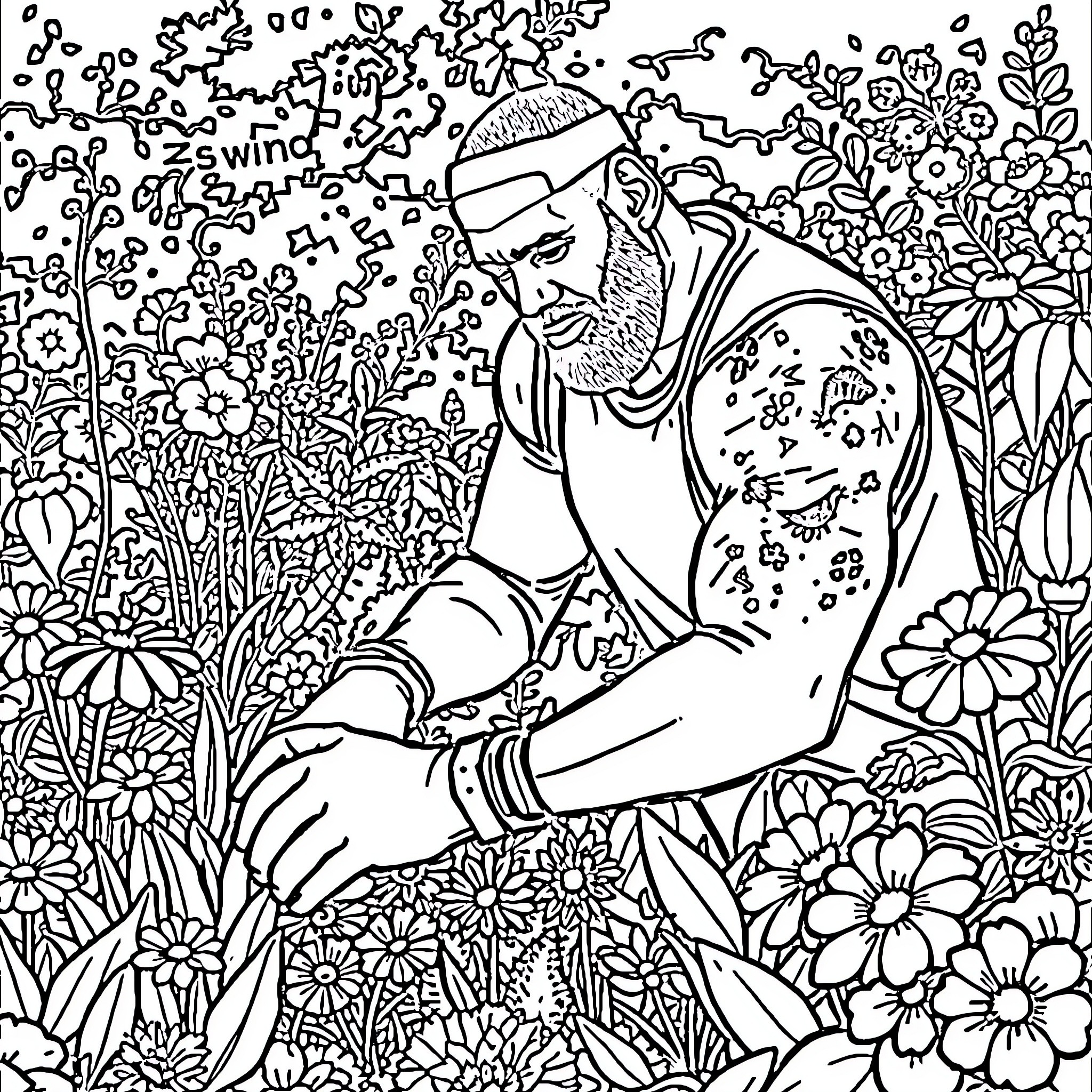 LeBron James surrounded by vibrant flowers and nature Coloring Page (free black-and-white line drawing printable PDF for all, from beginners to advanced learners, including children, teens, adults, and seniors)