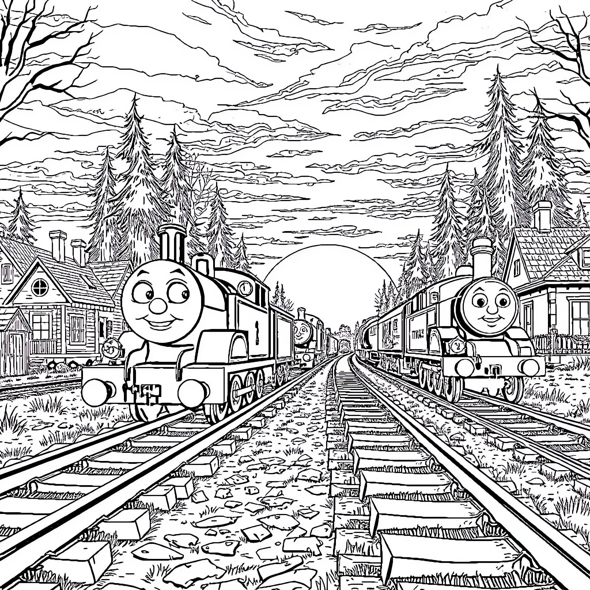 Zombie Train Journeying Through Enchanted Landscape Coloring Page (free black-and-white line drawing printable PDF for all, from beginners to advanced learners, including children, teens, adults, and seniors)