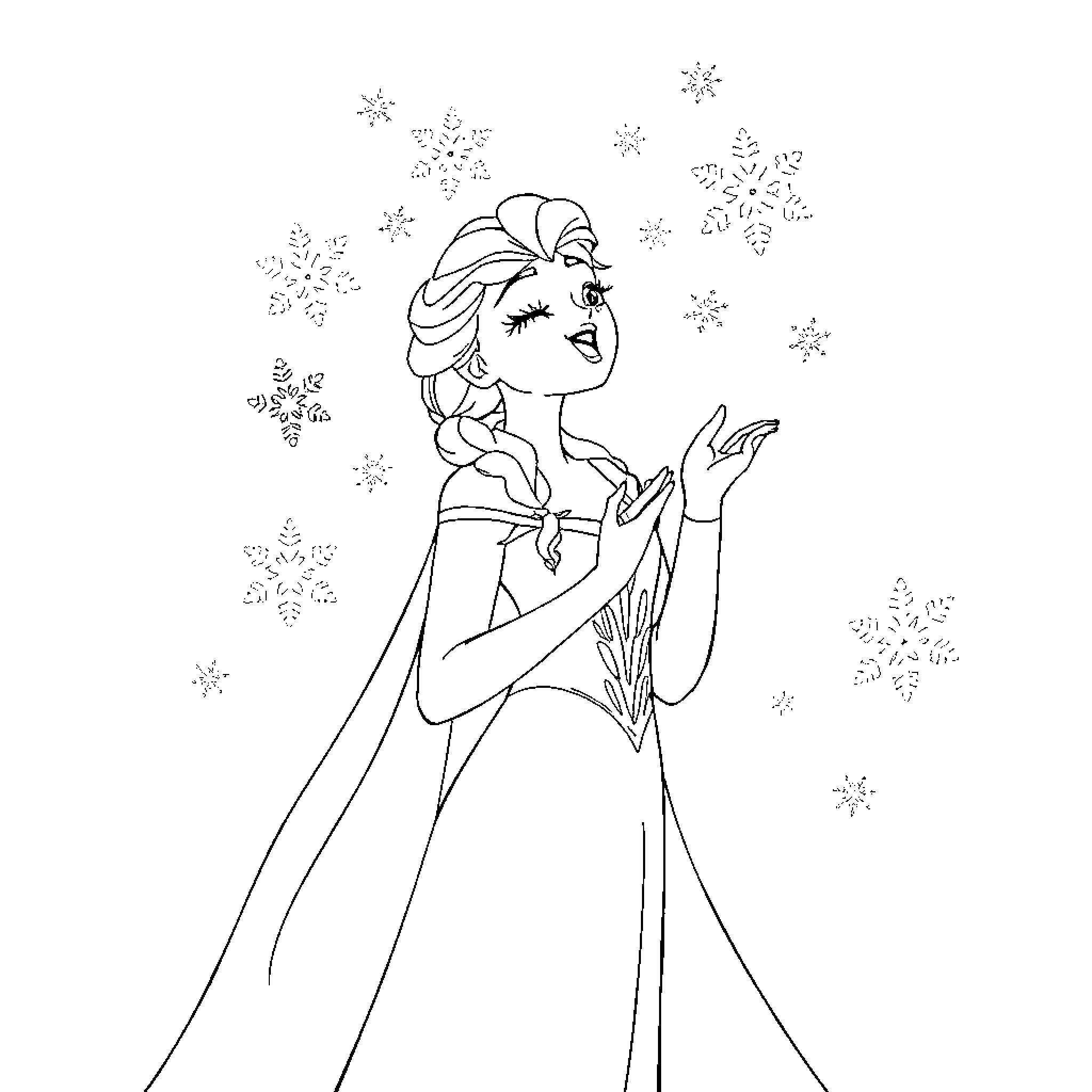 Elsa enchanting the winter wonderland Coloring Page (free black-and-white line drawing printable PDF for all, from beginners to advanced learners, including children, teens, adults, and seniors)