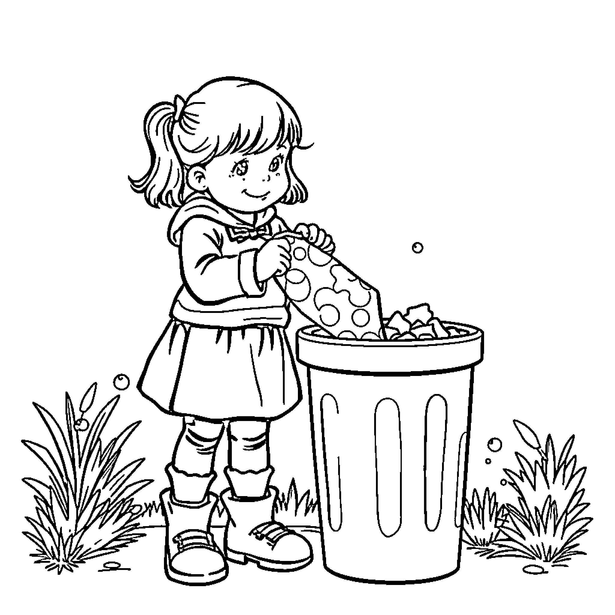 Girl throwing away trash in recycling bin Coloring Page (free black-and-white line drawing printable PDF for all, from beginners to advanced learners, including children, teens, adults, and seniors)