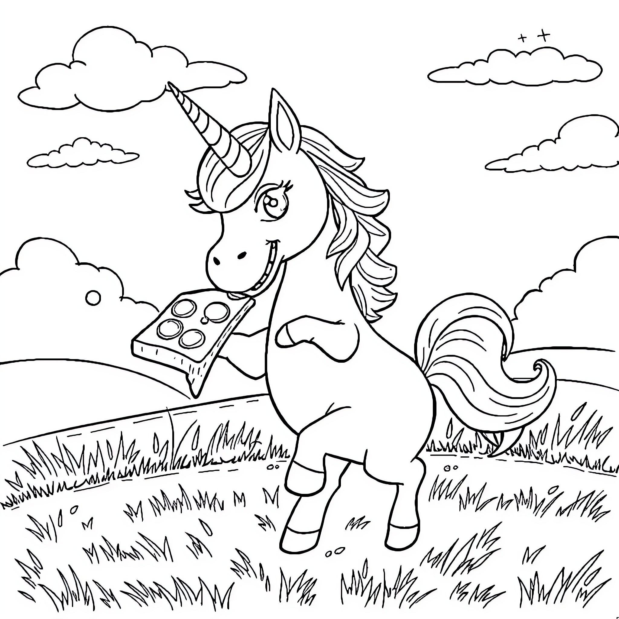 Unicorn playing joyfully with toy in the meadow Coloring Page (free black-and-white line drawing printable PDF for all, from beginners to advanced learners, including children, teens, adults, and seniors)