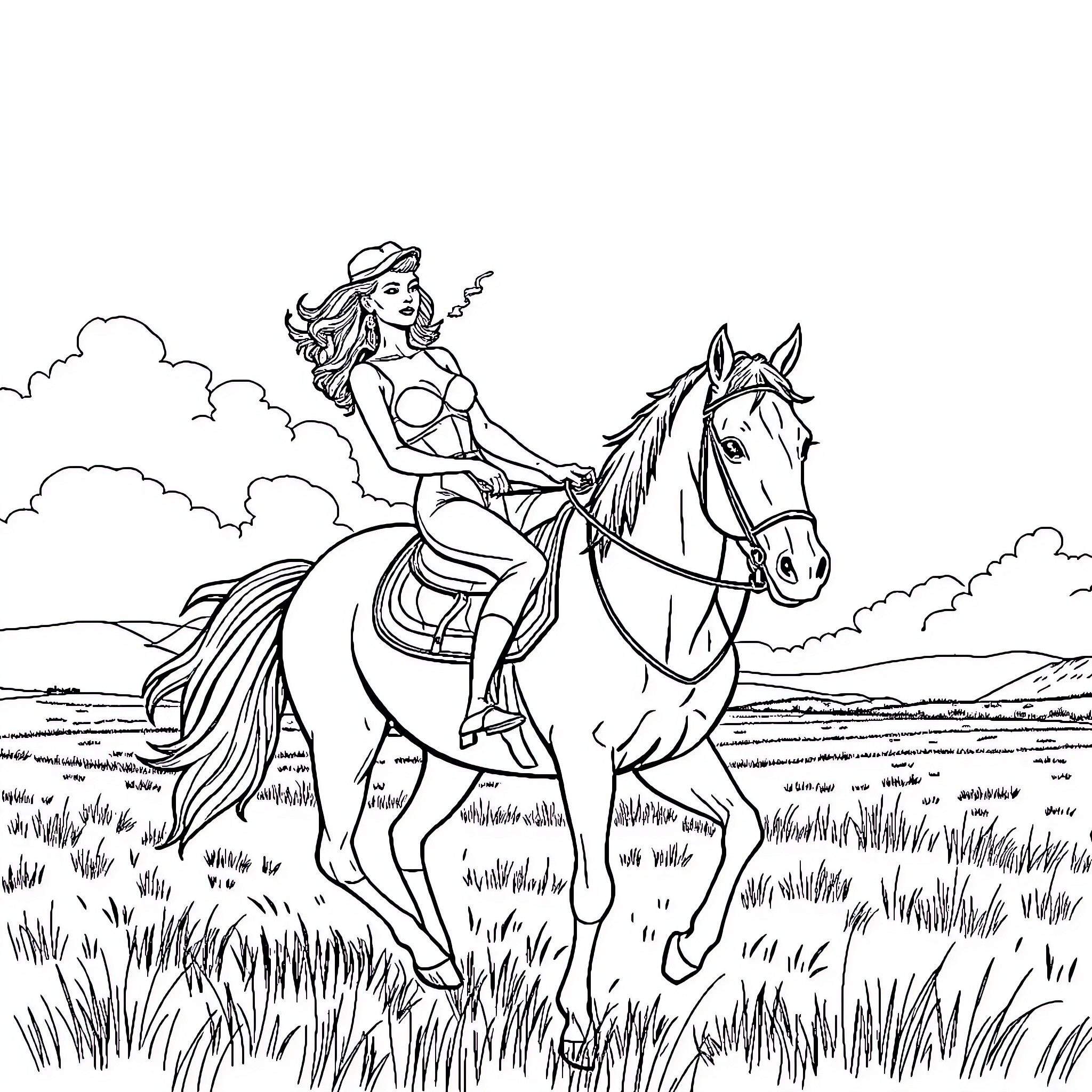 Woman riding horse through grassy field Coloring Page (free black-and-white line drawing printable PDF for all, from beginners to advanced learners, including children, teens, adults, and seniors)