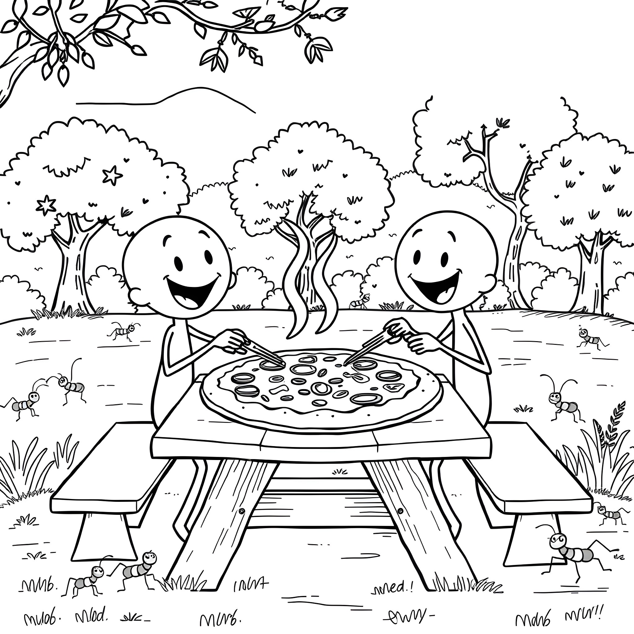 Stick Figure Friends Enjoying a Picnic Outdoors Coloring Page (free black-and-white line drawing printable PDF for all, from beginners to advanced learners, including children, teens, adults, and seniors)