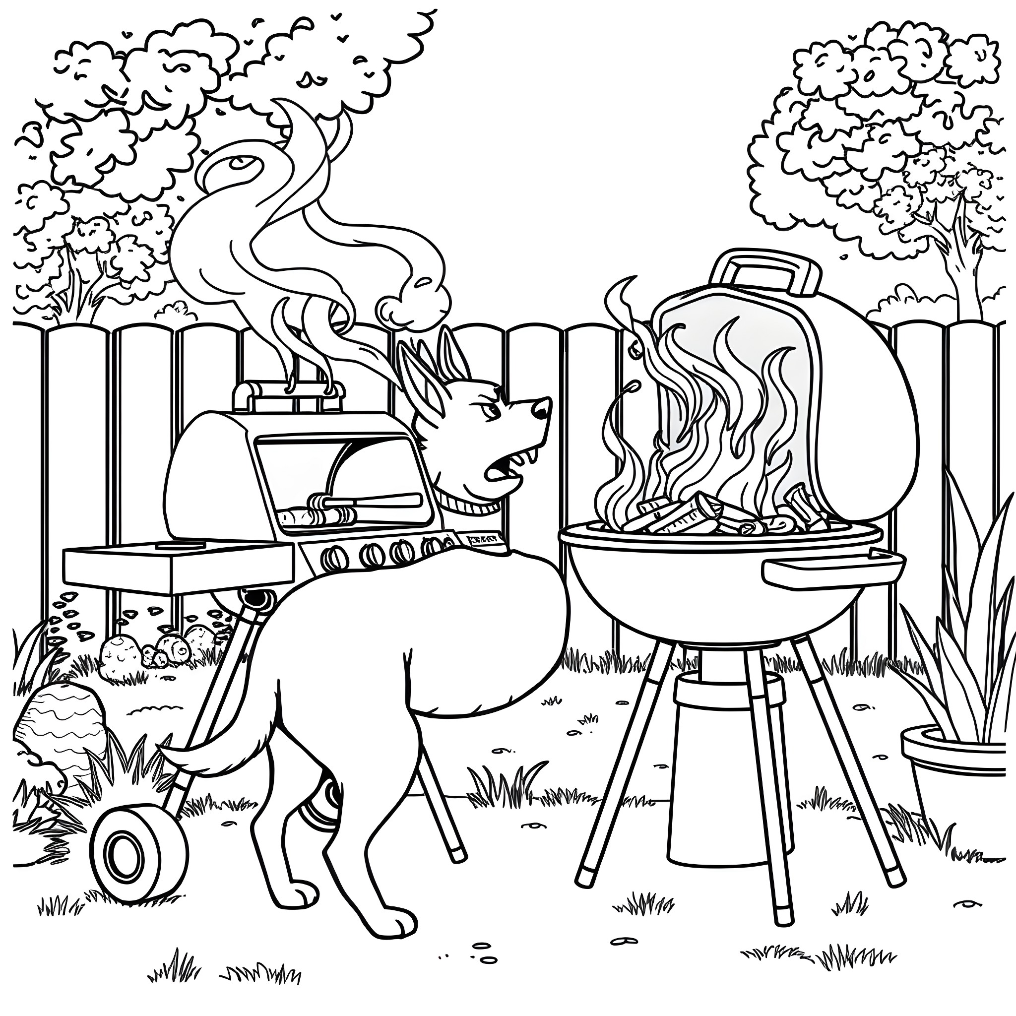 Dog Grilling Outdoors with Smoker Coloring Page (free black-and-white line drawing printable PDF for all, from beginners to advanced learners, including children, teens, adults, and seniors)