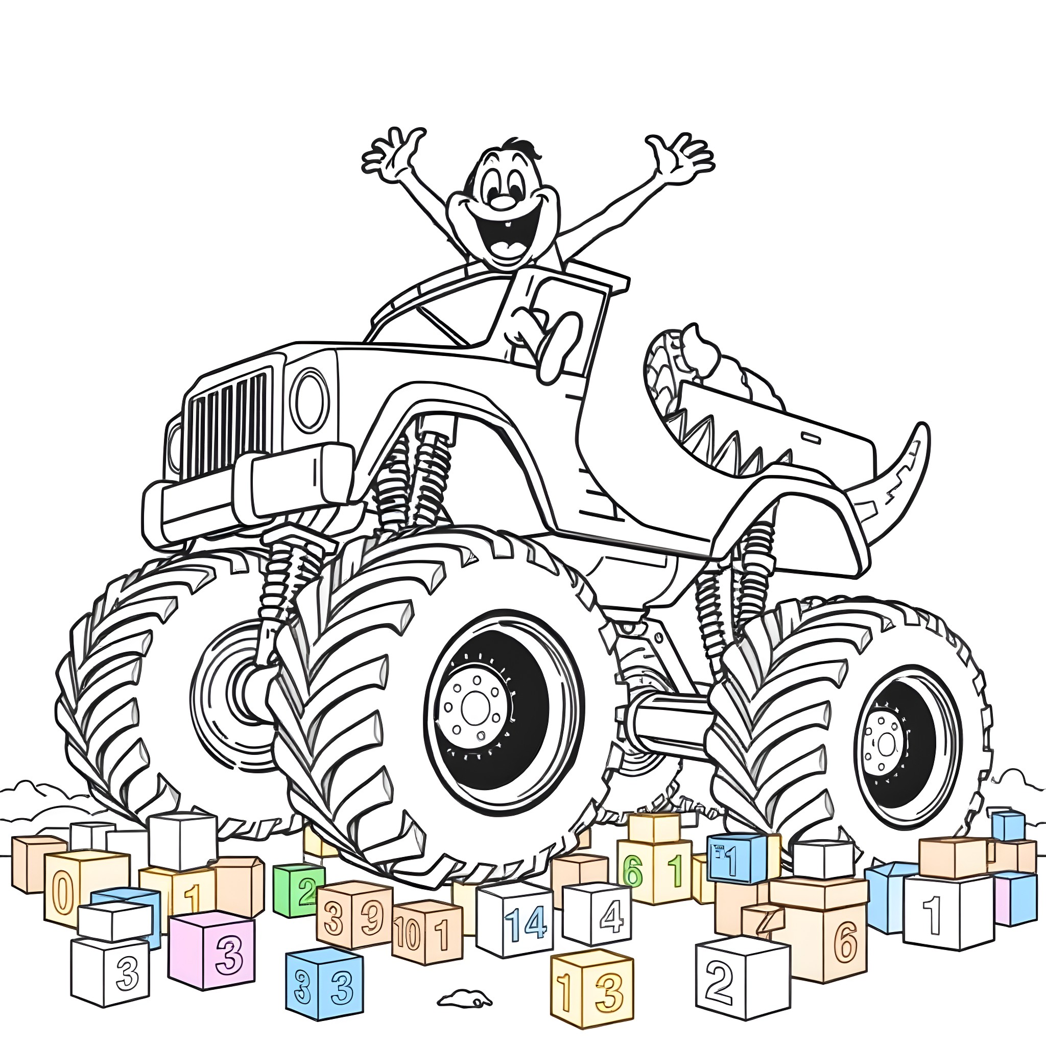 Chuck E. Cheese's Cheerful Monster Truck Adventure Coloring Page (free black-and-white line drawing printable PDF for all, from beginners to advanced learners, including children, teens, adults, and seniors)