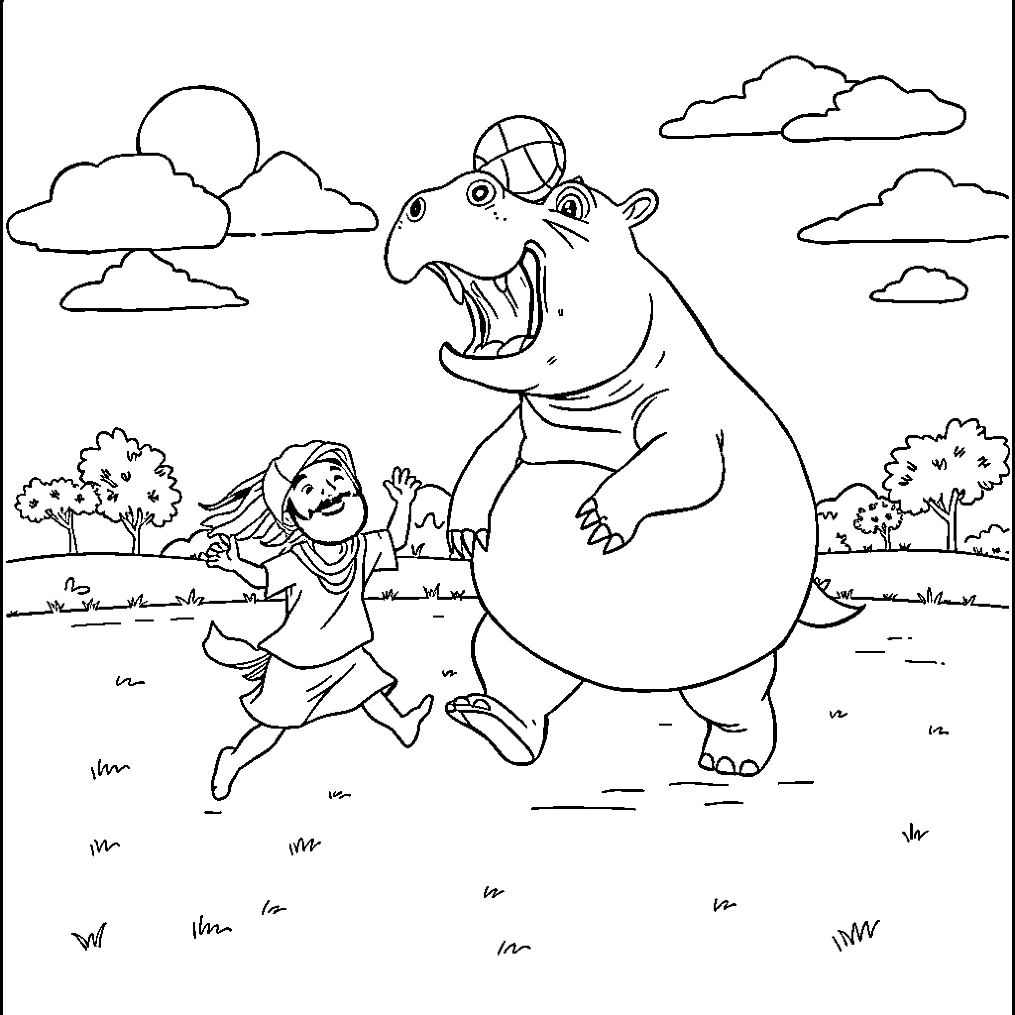 Rumi playfully chases a friendly hippopotamus Coloring Page (free black-and-white line drawing printable PDF for all, from beginners to advanced learners, including children, teens, adults, and seniors)
