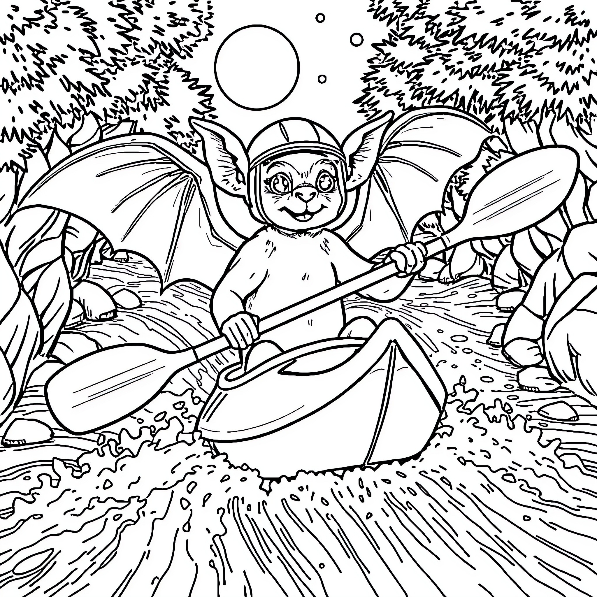 Bat paddling joyfully in the enchanted forest Coloring Page (free black-and-white line drawing printable PDF for all, from beginners to advanced learners, including children, teens, adults, and seniors)