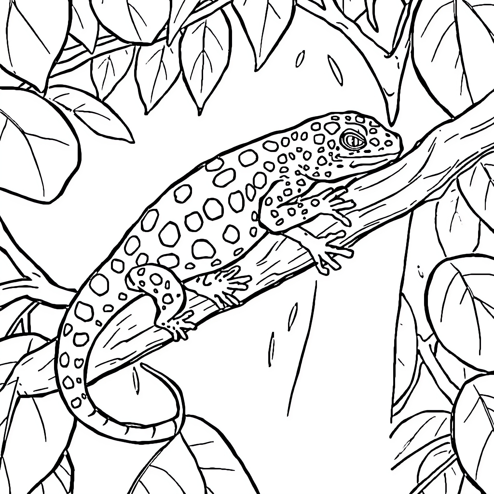 Leopard Gecko exploring the lush foliage Coloring Page (free black-and-white line drawing printable PDF for all, from beginners to advanced learners, including children, teens, adults, and seniors)