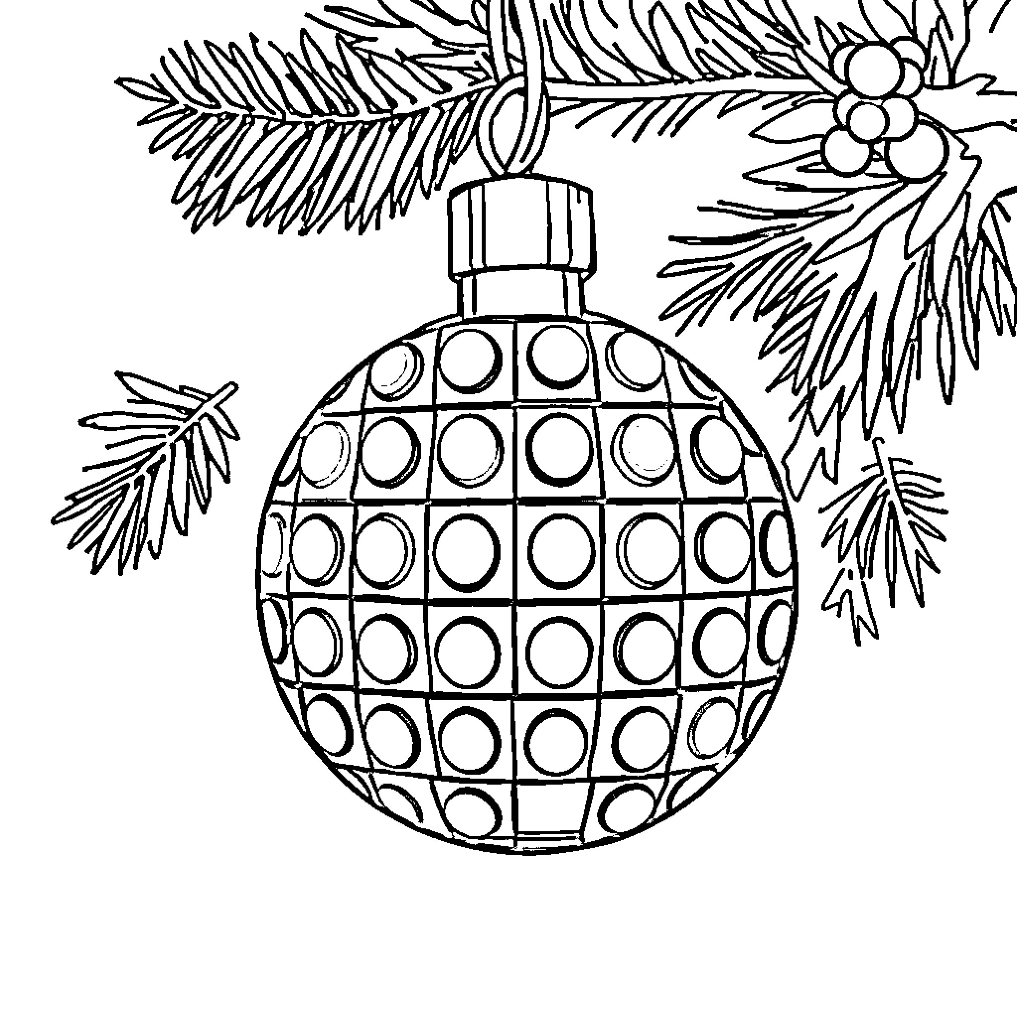 Ornament with geometric pattern hanging from pine tree Coloring Page (free black-and-white line drawing printable PDF for all, from beginners to advanced learners, including children, teens, adults, and seniors)