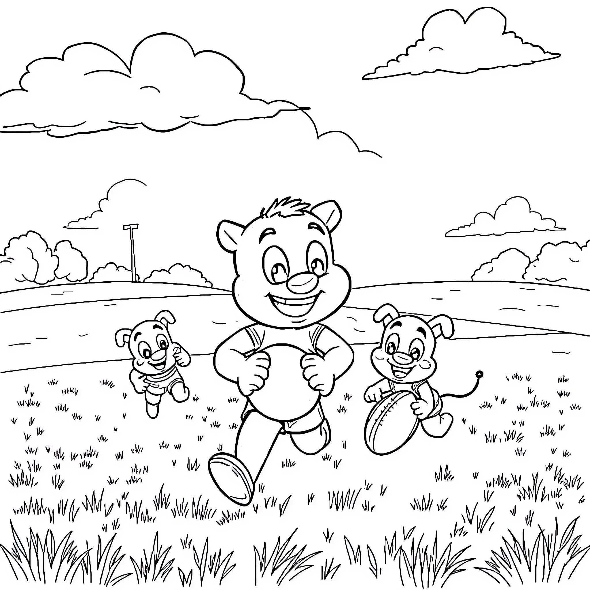 Bluey and friends playing in the field Coloring Page (free black-and-white line drawing printable PDF for all, from beginners to advanced learners, including children, teens, adults, and seniors)