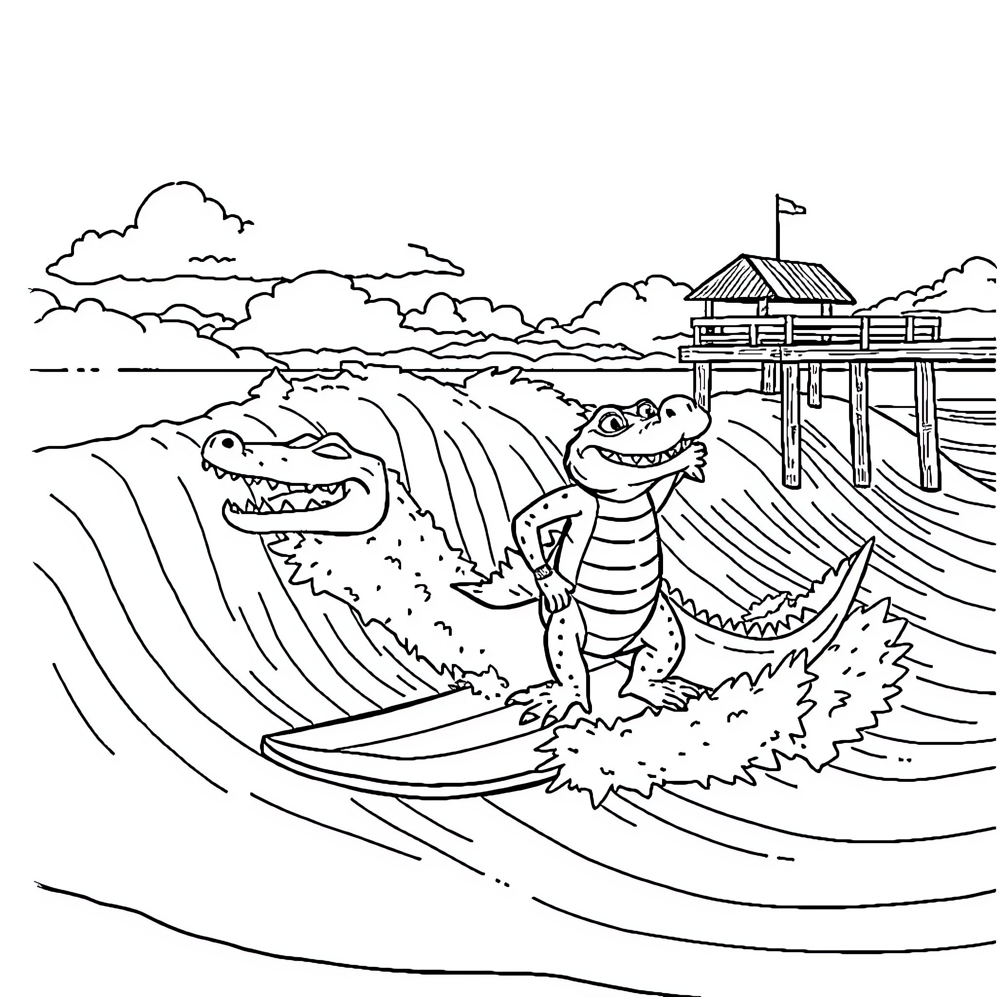 Alligators surfing the waves near a pier Coloring Page (free black-and-white line drawing printable PDF for all, from beginners to advanced learners, including children, teens, adults, and seniors)