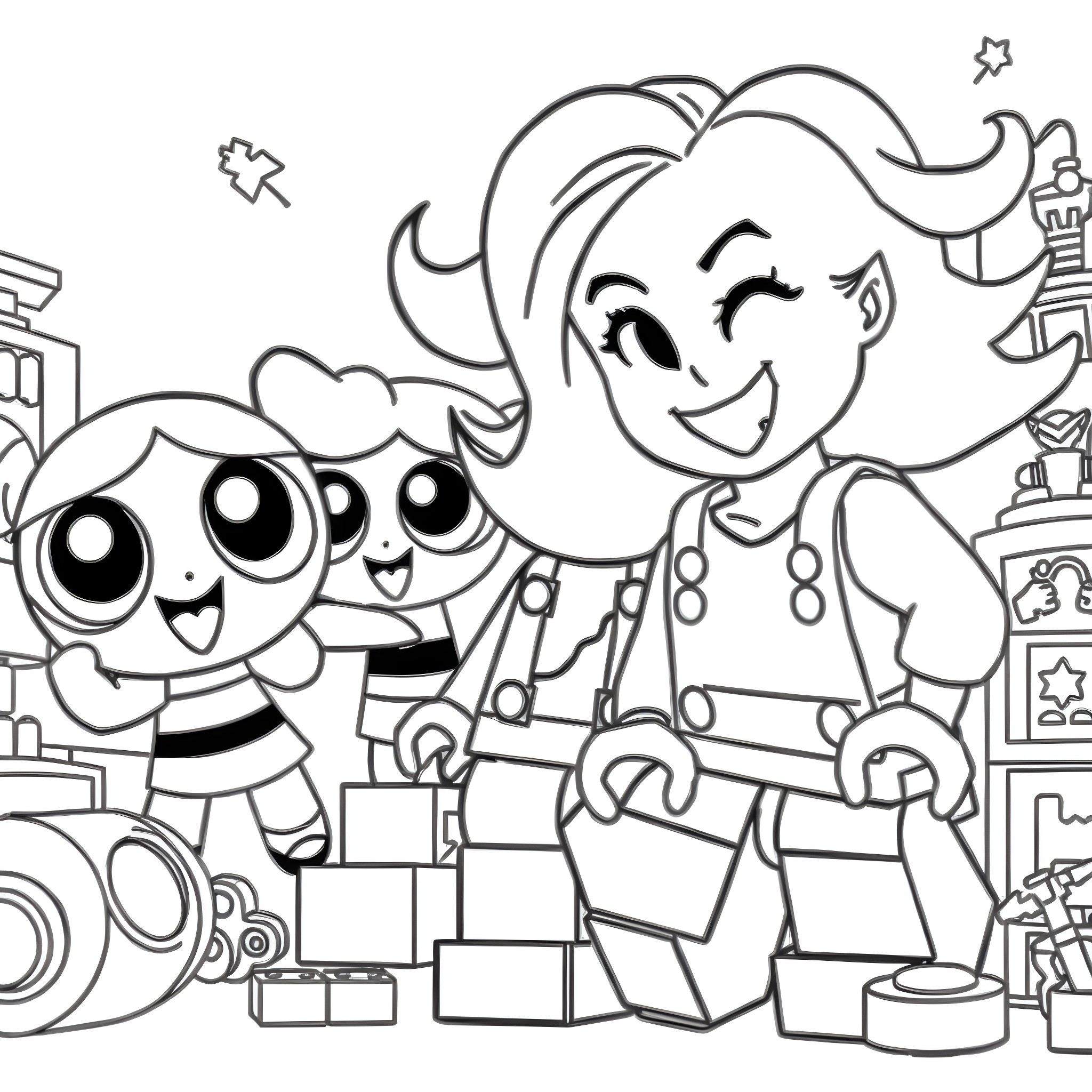 Power Puff Girls Building Playtime Adventures Coloring Page (free black-and-white line drawing printable PDF for all, from beginners to advanced learners, including children, teens, adults, and seniors)