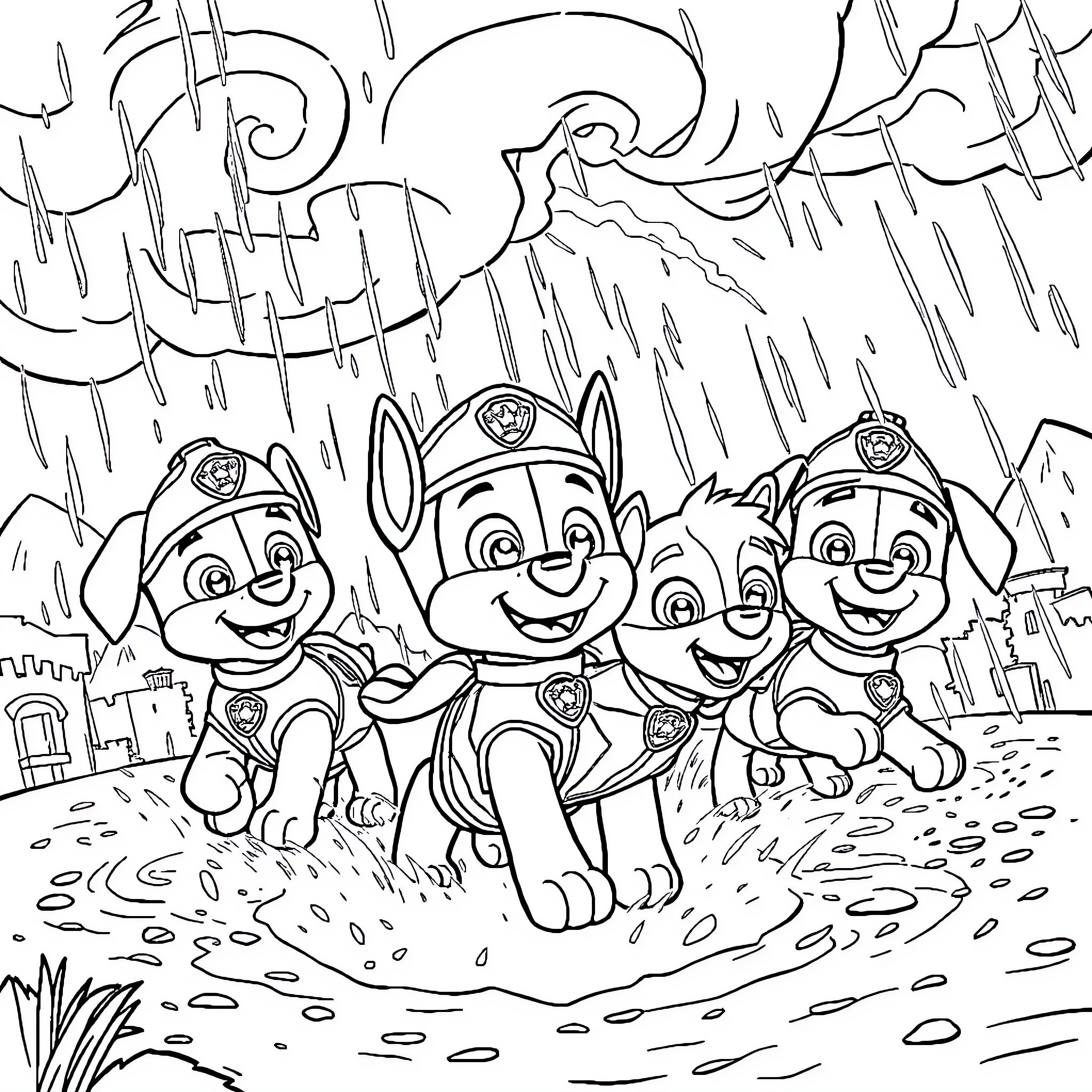 Paw Patrol pups in heroic adventure Coloring Page (free black-and-white line drawing printable PDF for all, from beginners to advanced learners, including children, teens, adults, and seniors)