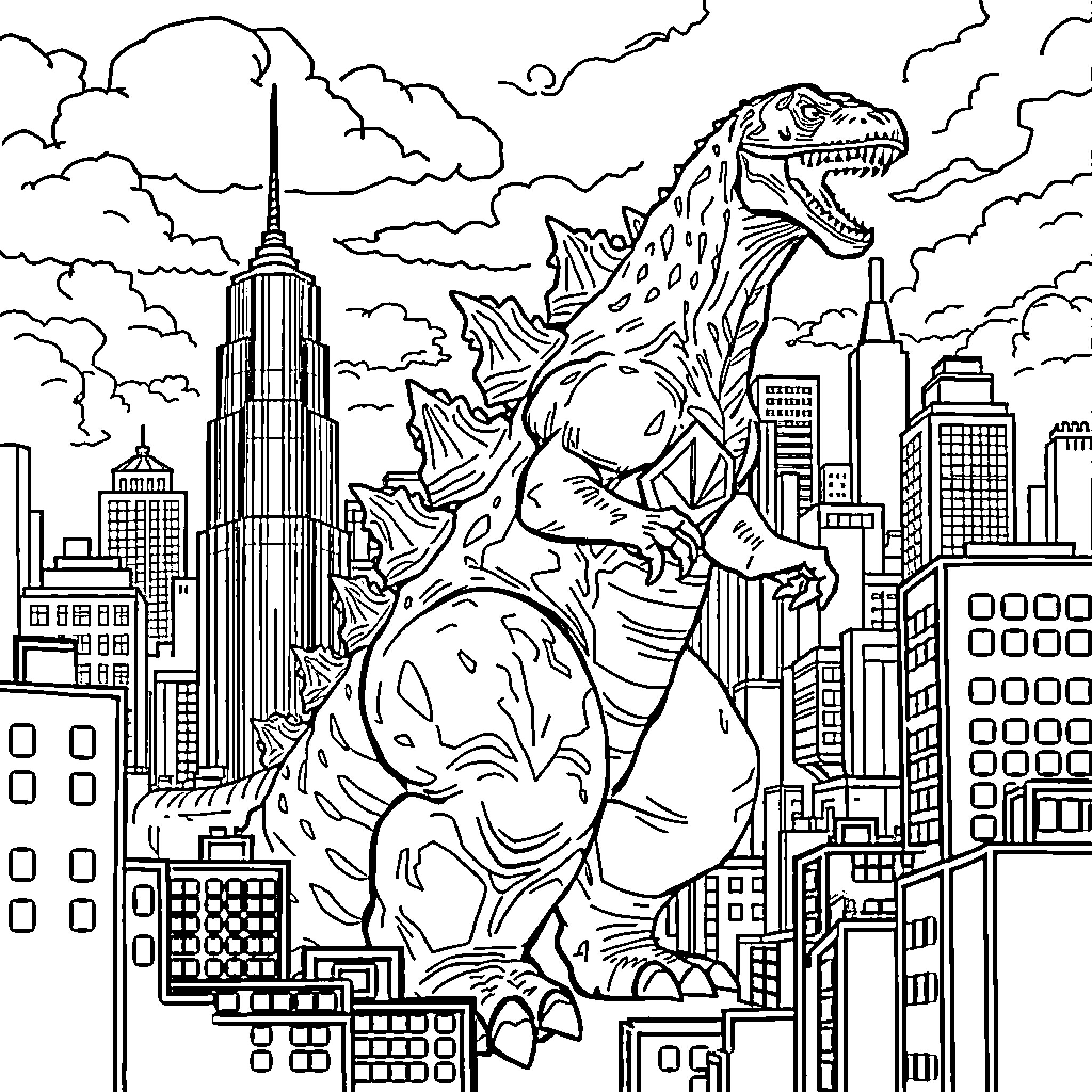 Godzilla rampaging through the city skyline Coloring Page (free black-and-white line drawing printable PDF for all, from beginners to advanced learners, including children, teens, adults, and seniors)