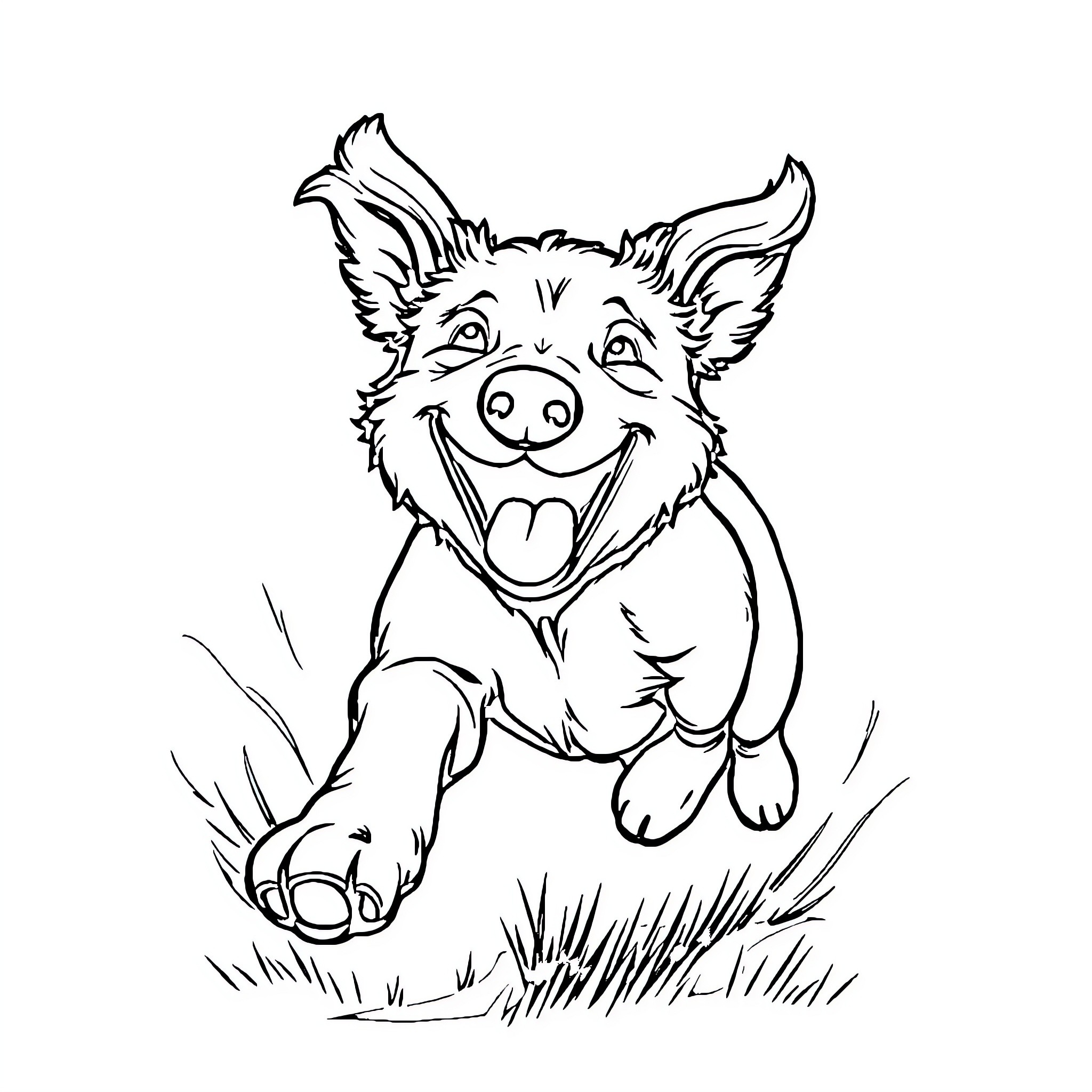 Dog playing happily in the grass Coloring Page (free black-and-white line drawing printable PDF for all, from beginners to advanced learners, including children, teens, adults, and seniors)