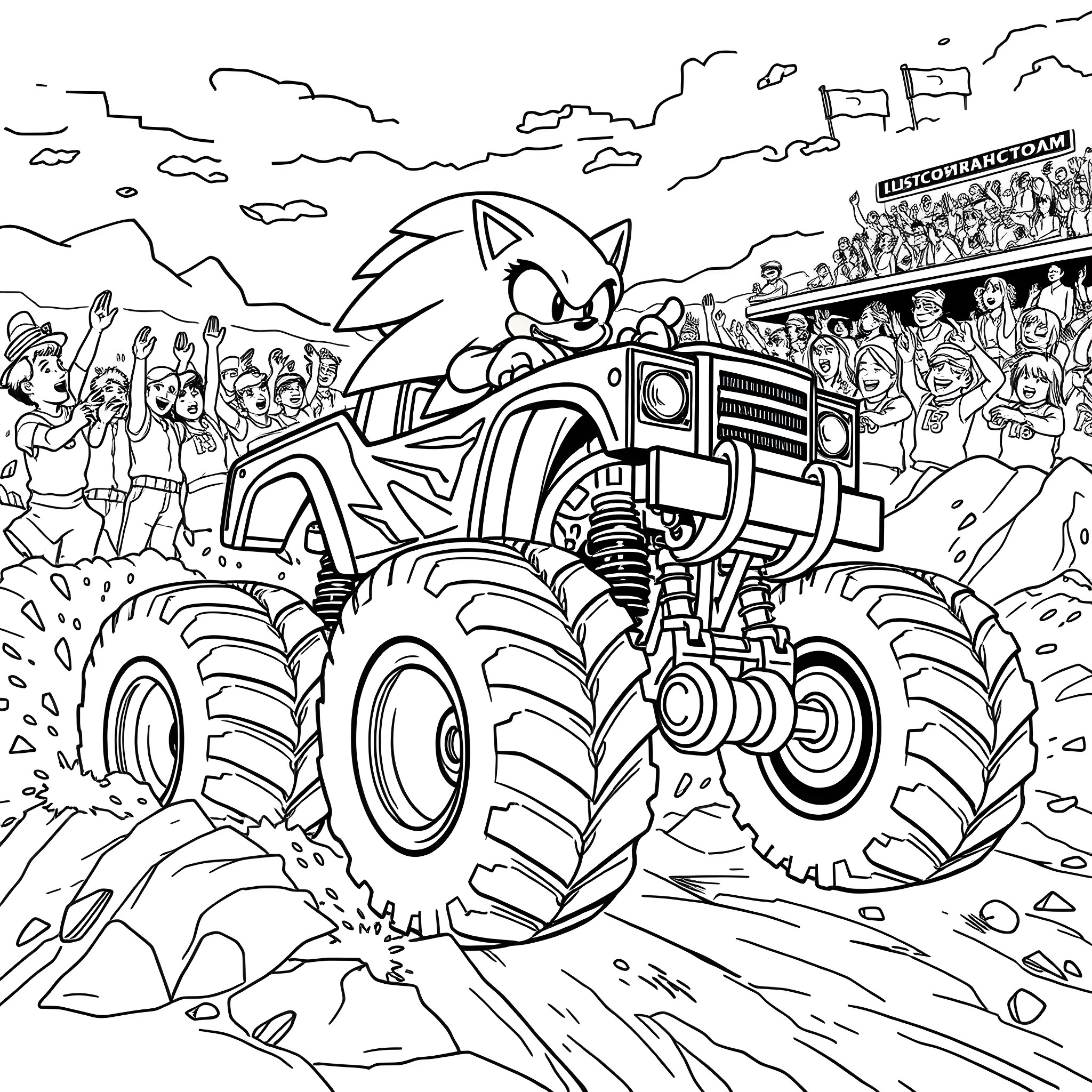 Monster Truck Sonic Racing Across a Dusty Track Coloring Page (free black-and-white line drawing printable PDF for all, from beginners to advanced learners, including children, teens, adults, and seniors)