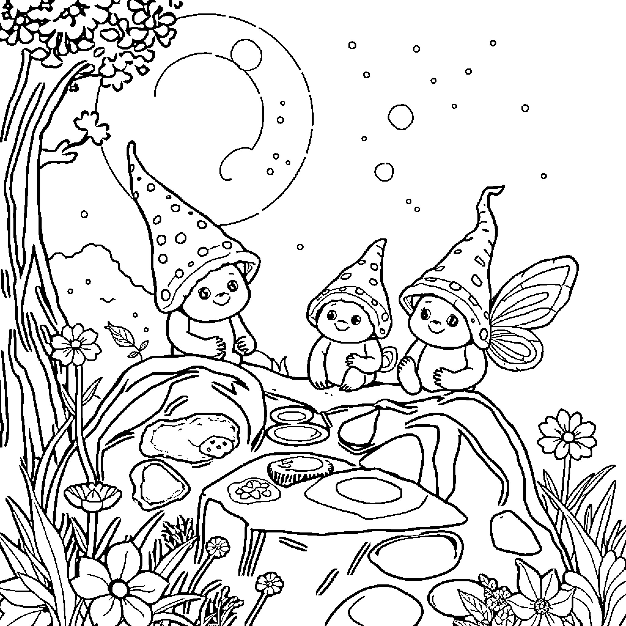 Smurfs enjoying a whimsical night under the moon Coloring Page (free black-and-white line drawing printable PDF for all, from beginners to advanced learners, including children, teens, adults, and seniors)