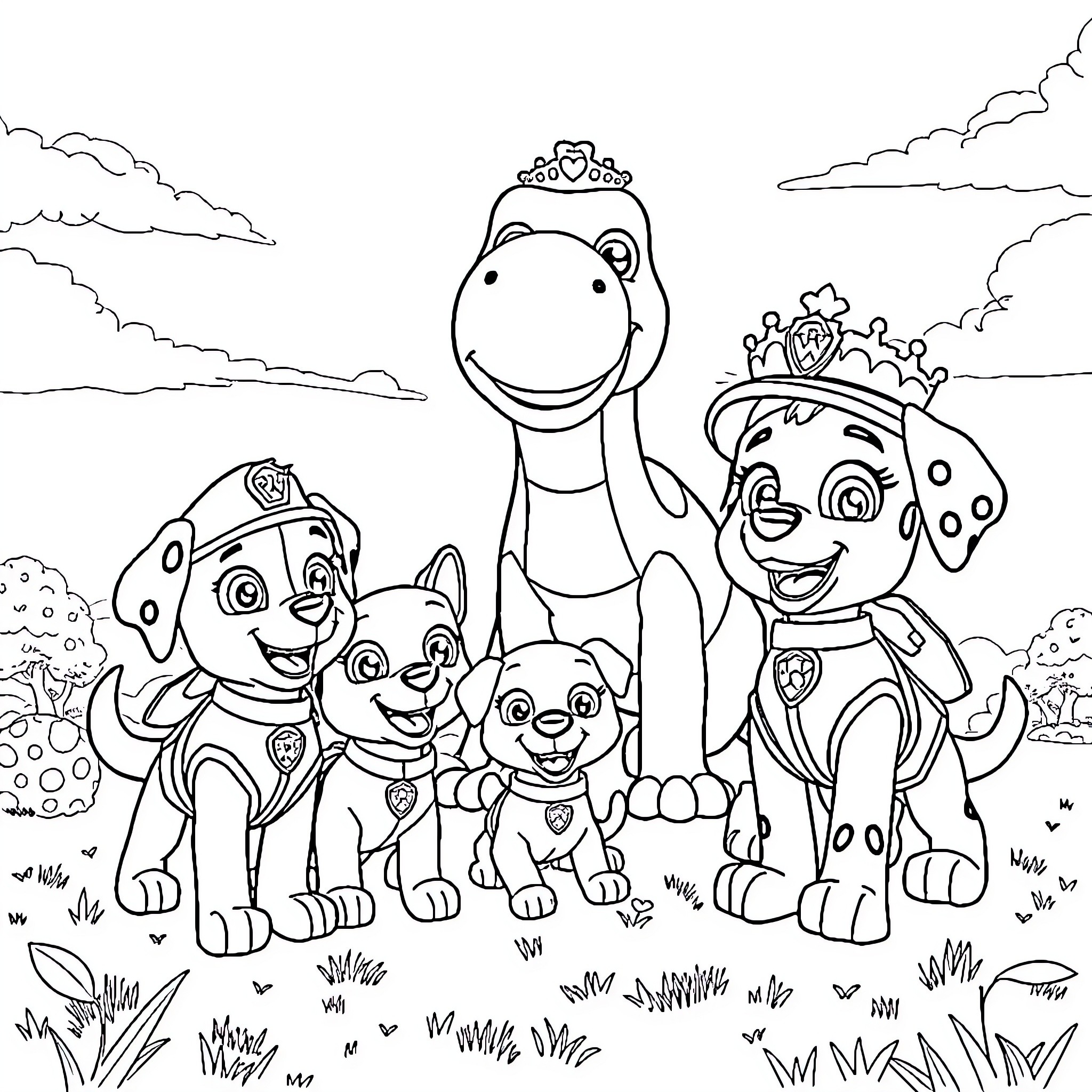 Paw Patrol team in an outdoor adventure Coloring Page (free black-and-white line drawing printable PDF for all, from beginners to advanced learners, including children, teens, adults, and seniors)