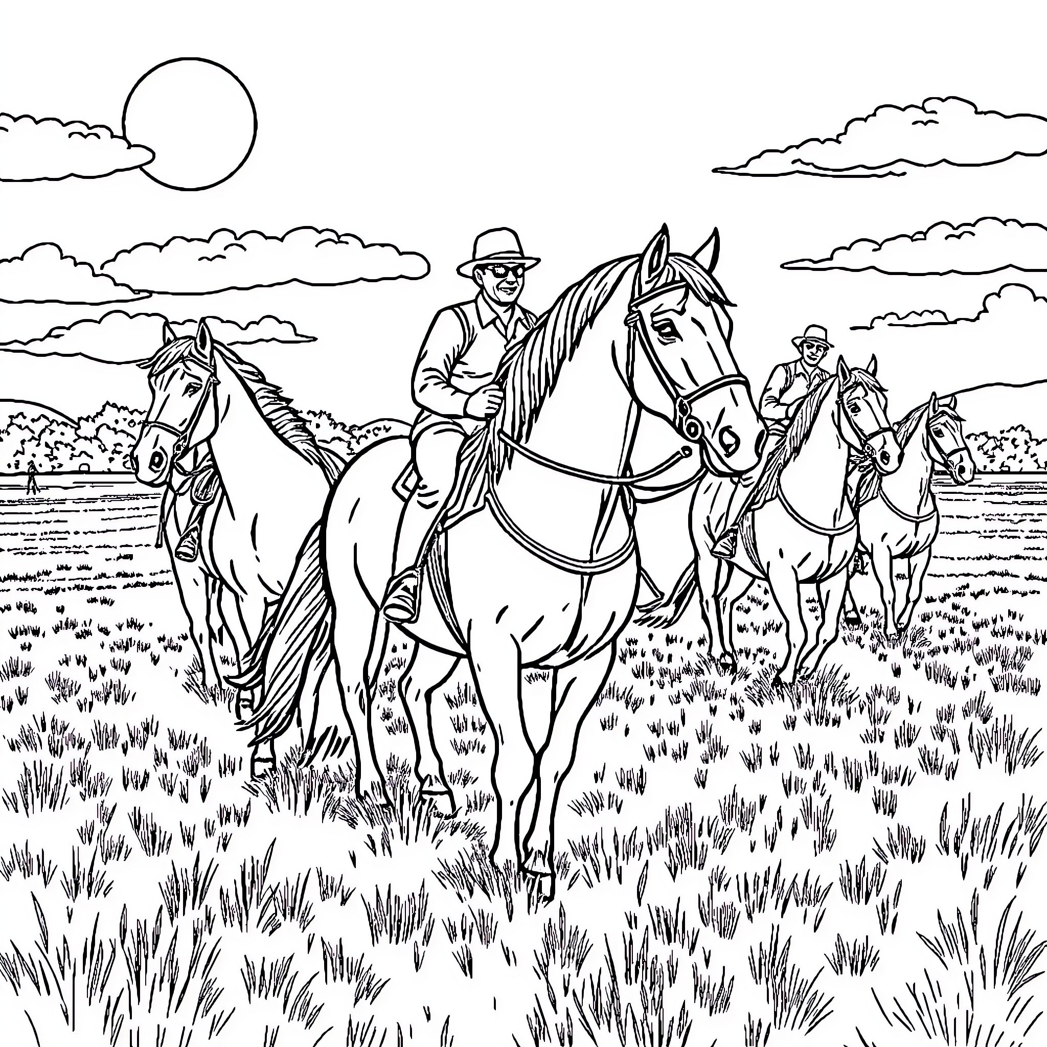 Draft Horses Riding Through Scenic Countryside Coloring Page (free black-and-white line drawing printable PDF for all, from beginners to advanced learners, including children, teens, adults, and seniors)
