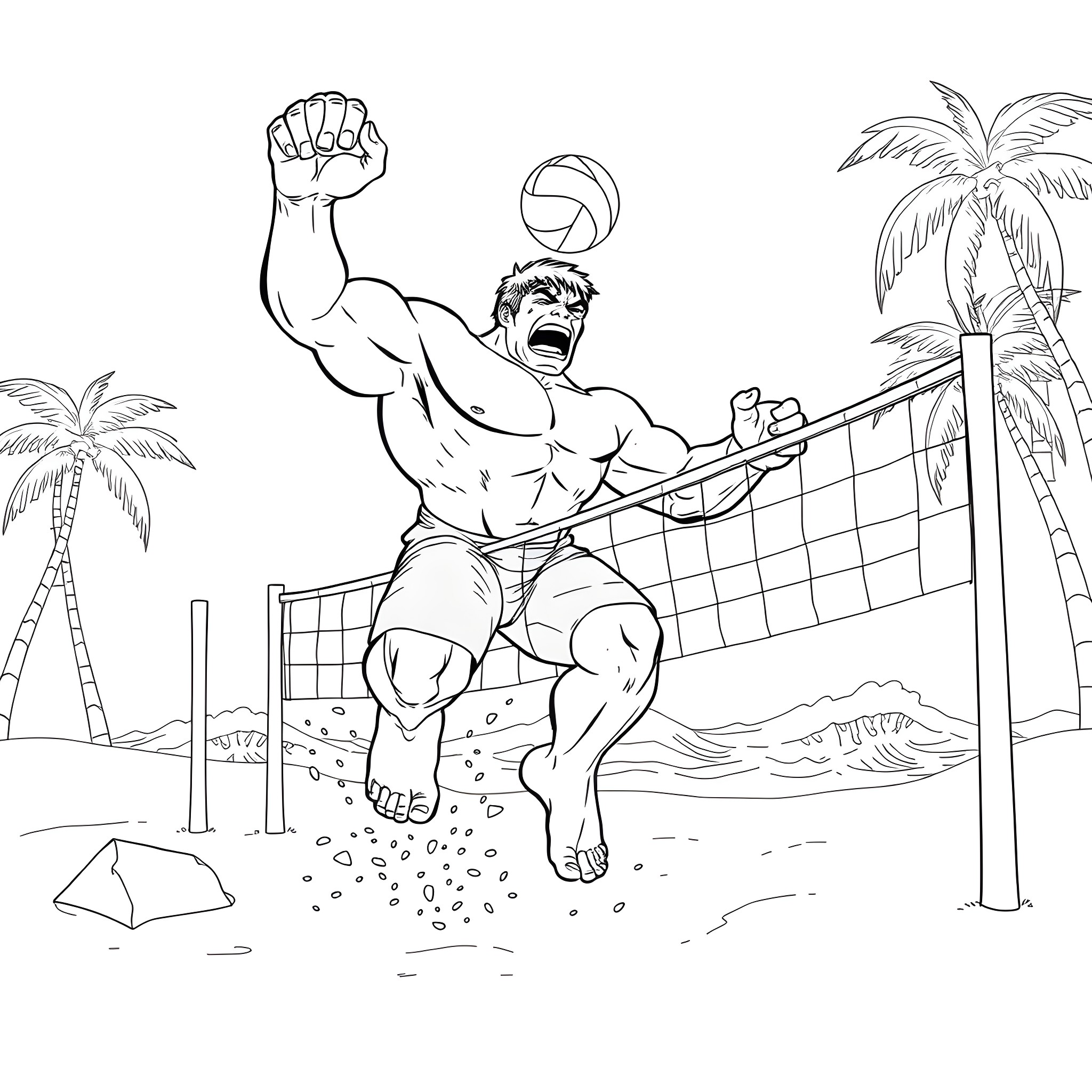 Hulk playing beach volleyball on a tropical island Coloring Page (free black-and-white line drawing printable PDF for all, from beginners to advanced learners, including children, teens, adults, and seniors)