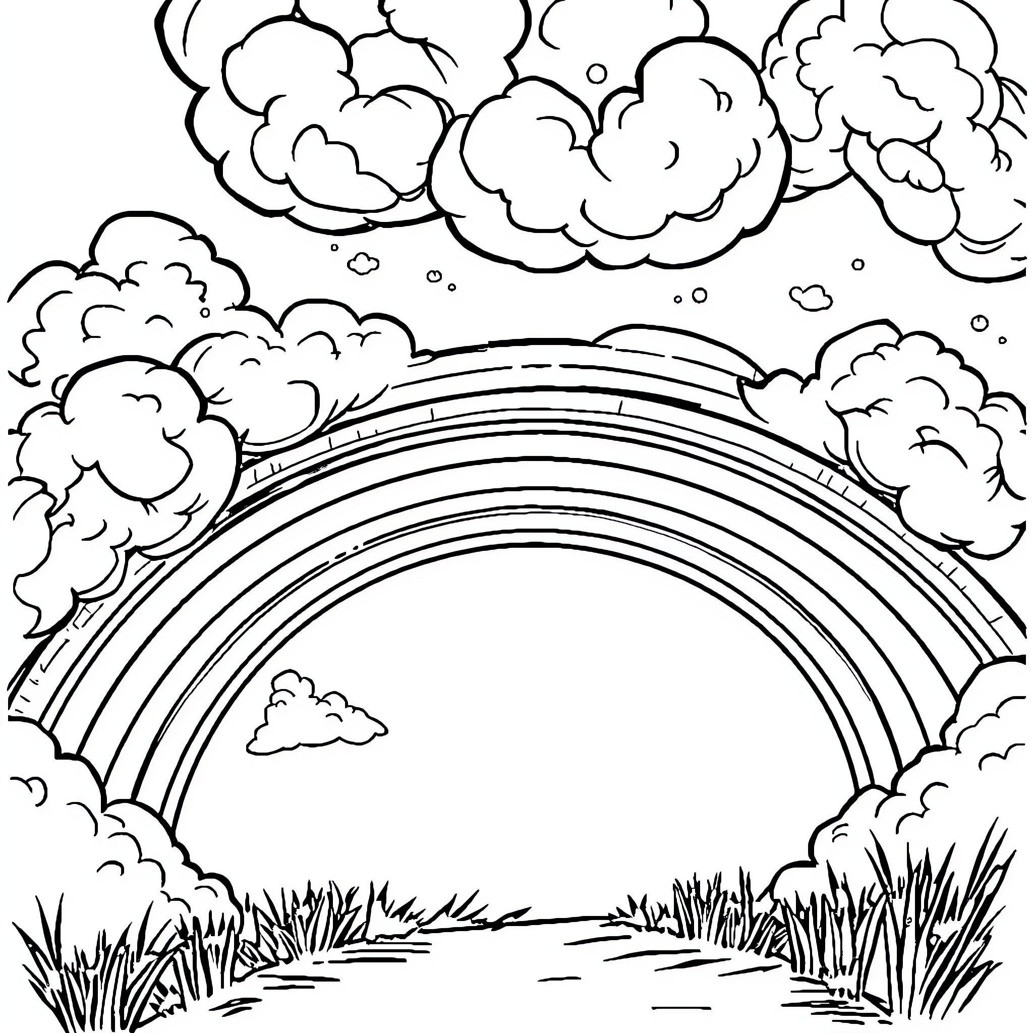 Rainbow Sky and Landscape Scene Coloring Page (free black-and-white line drawing printable PDF for all, from beginners to advanced learners, including children, teens, adults, and seniors)