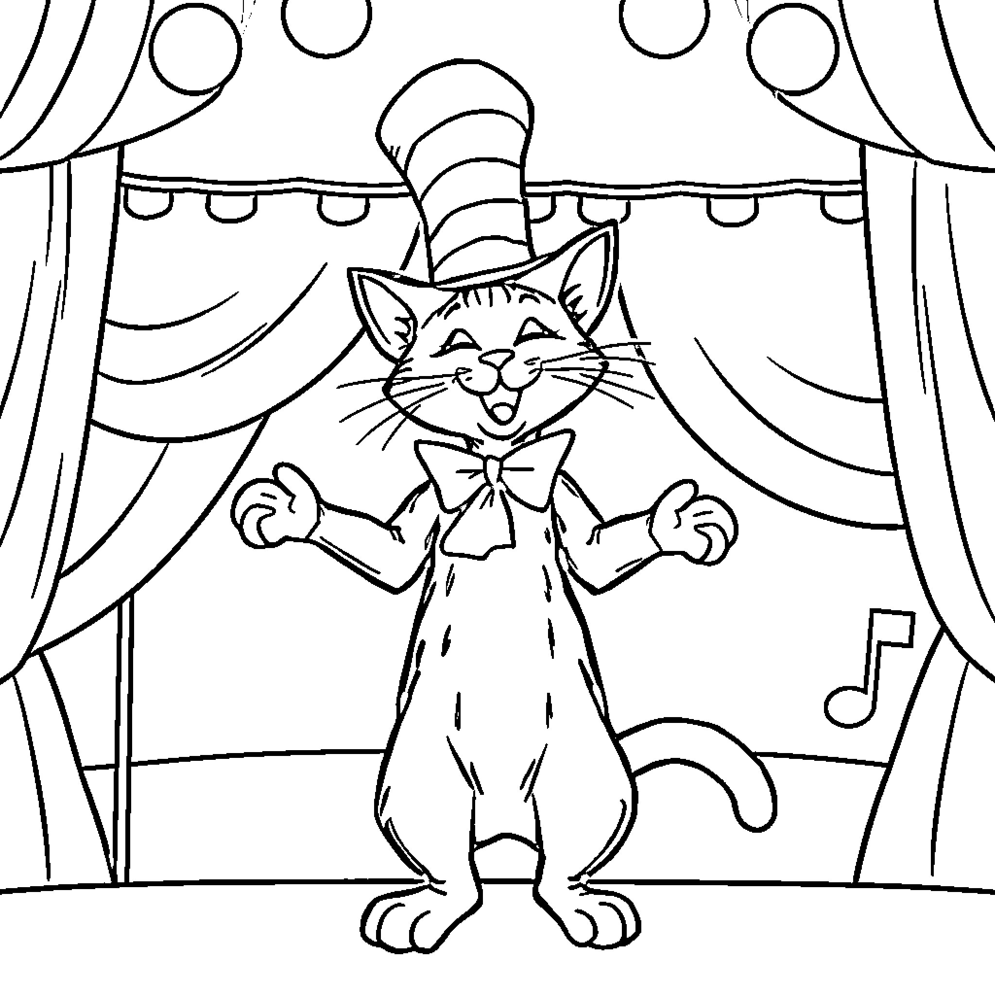 Cat Performing in a Musical Theater Coloring Page (free black-and-white line drawing printable PDF for all, from beginners to advanced learners, including children, teens, adults, and seniors)