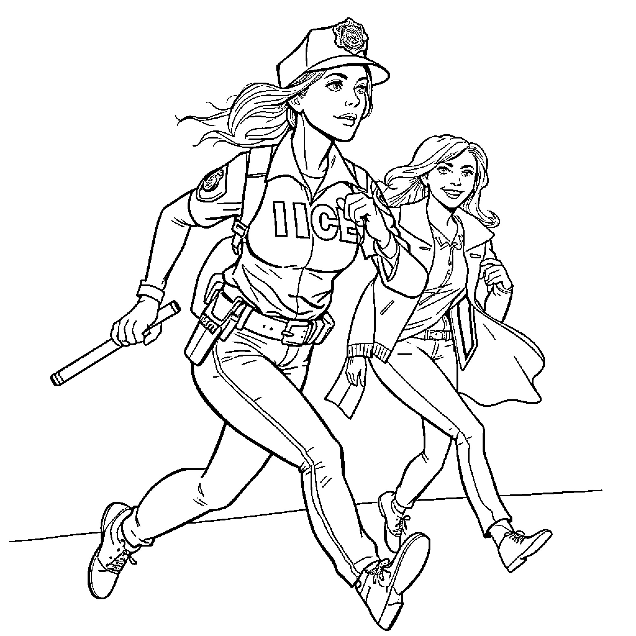 Agent Police Officers Running on Duty Coloring Page (free black-and-white line drawing printable PDF for all, from beginners to advanced learners, including children, teens, adults, and seniors)