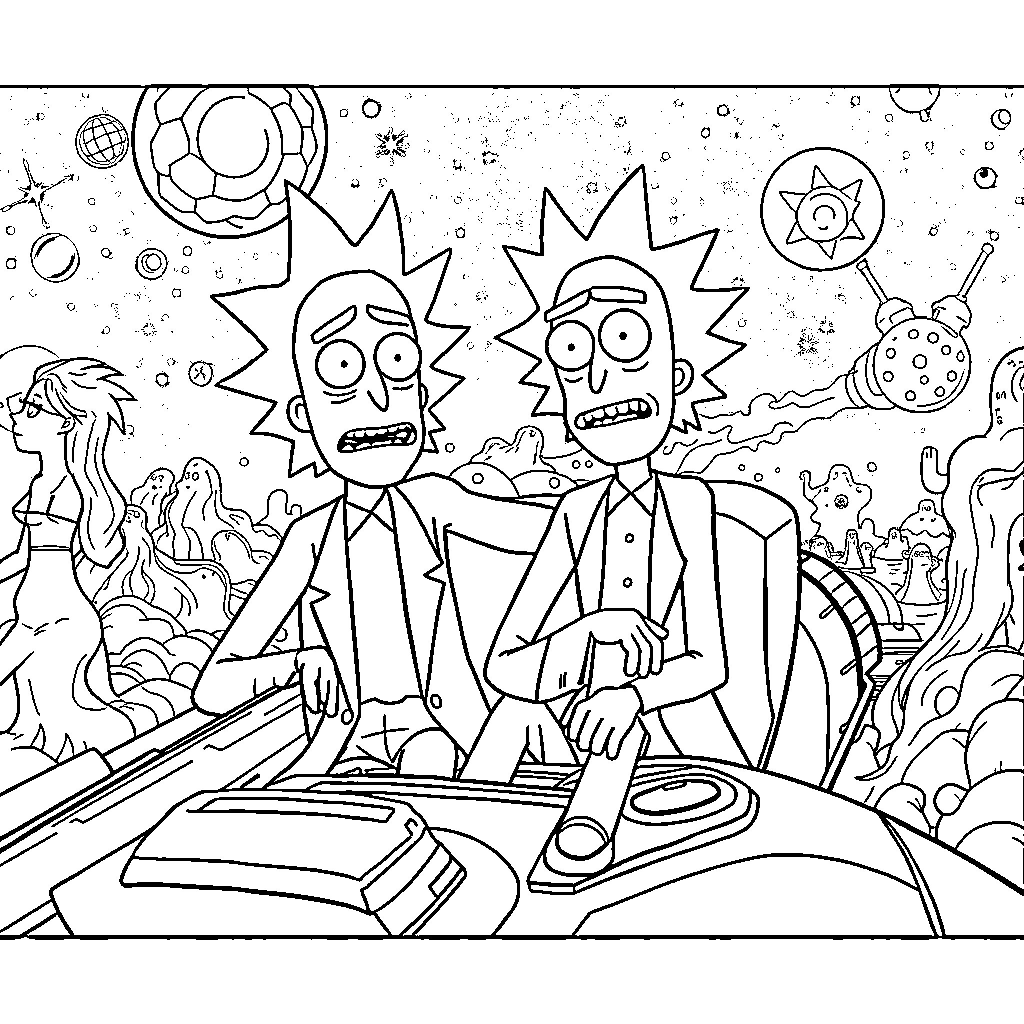 Rick And Morty exploring the surreal cosmic world Coloring Page (free black-and-white line drawing printable PDF for all, from beginners to advanced learners, including children, teens, adults, and seniors)