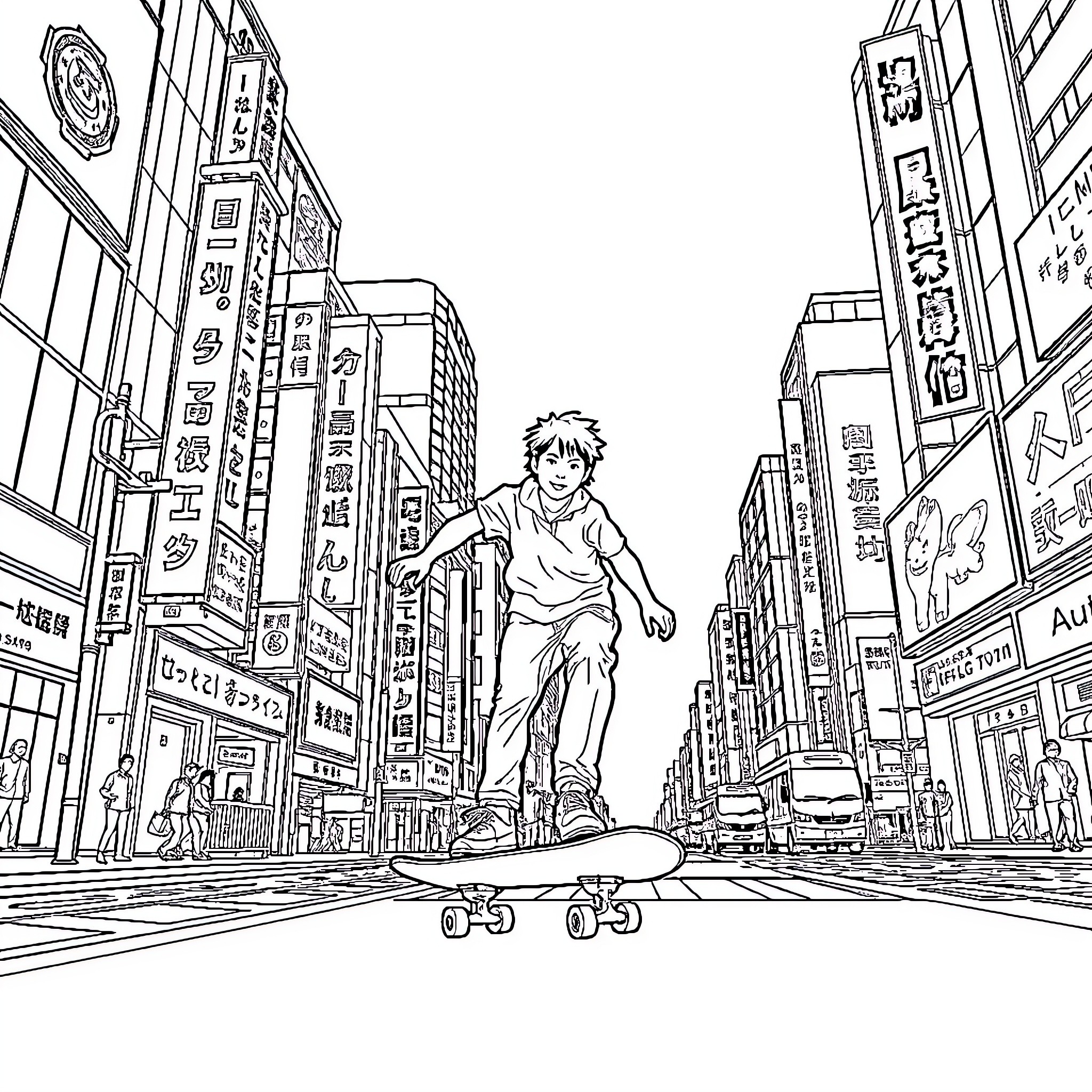 Skateboarder performing tricks in a crowded urban city Coloring Page (free black-and-white line drawing printable PDF for all, from beginners to advanced learners, including children, teens, adults, and seniors)