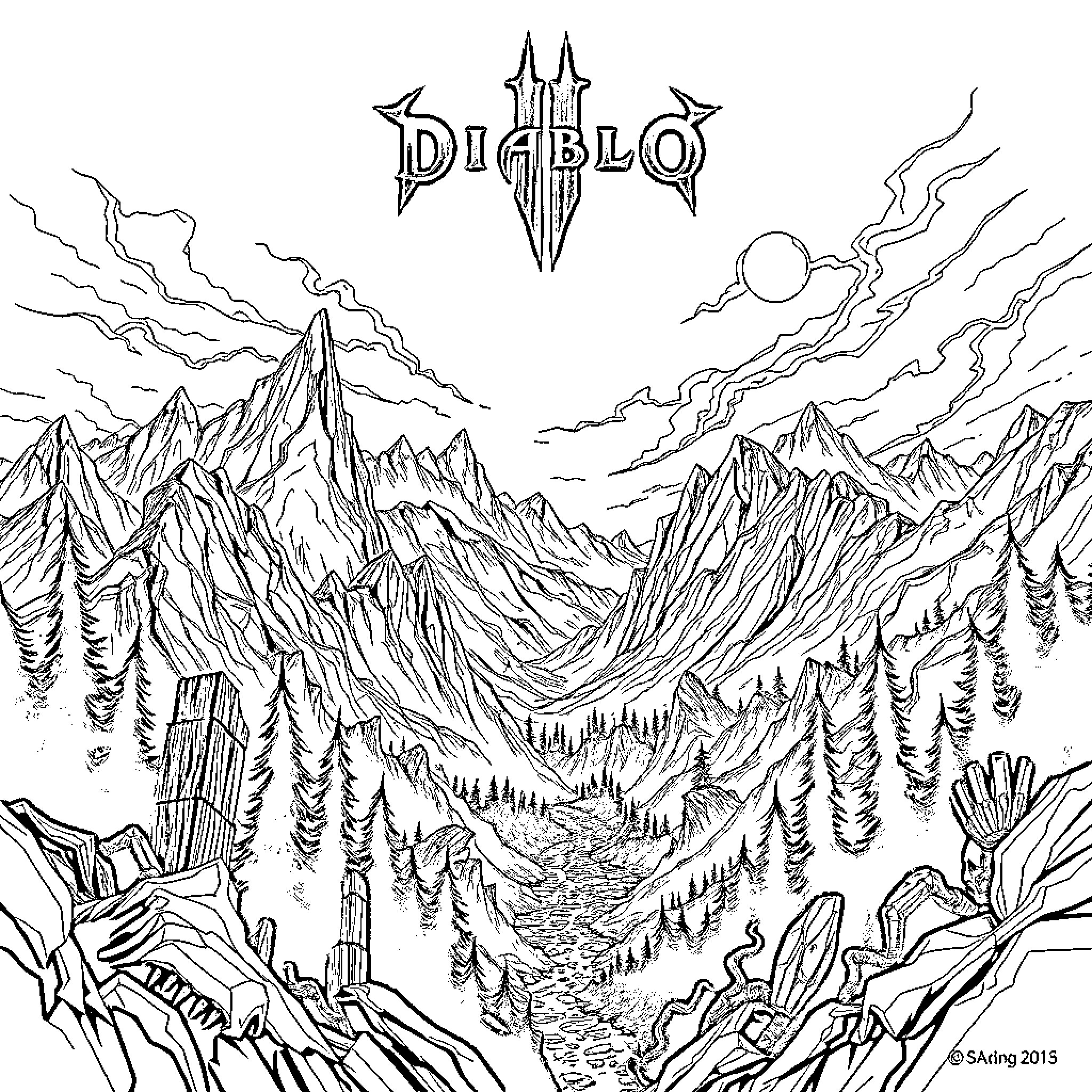 Diablo 4 expansive mountain landscape and valley view Coloring Page (free black-and-white line drawing printable PDF for all, from beginners to advanced learners, including children, teens, adults, and seniors)