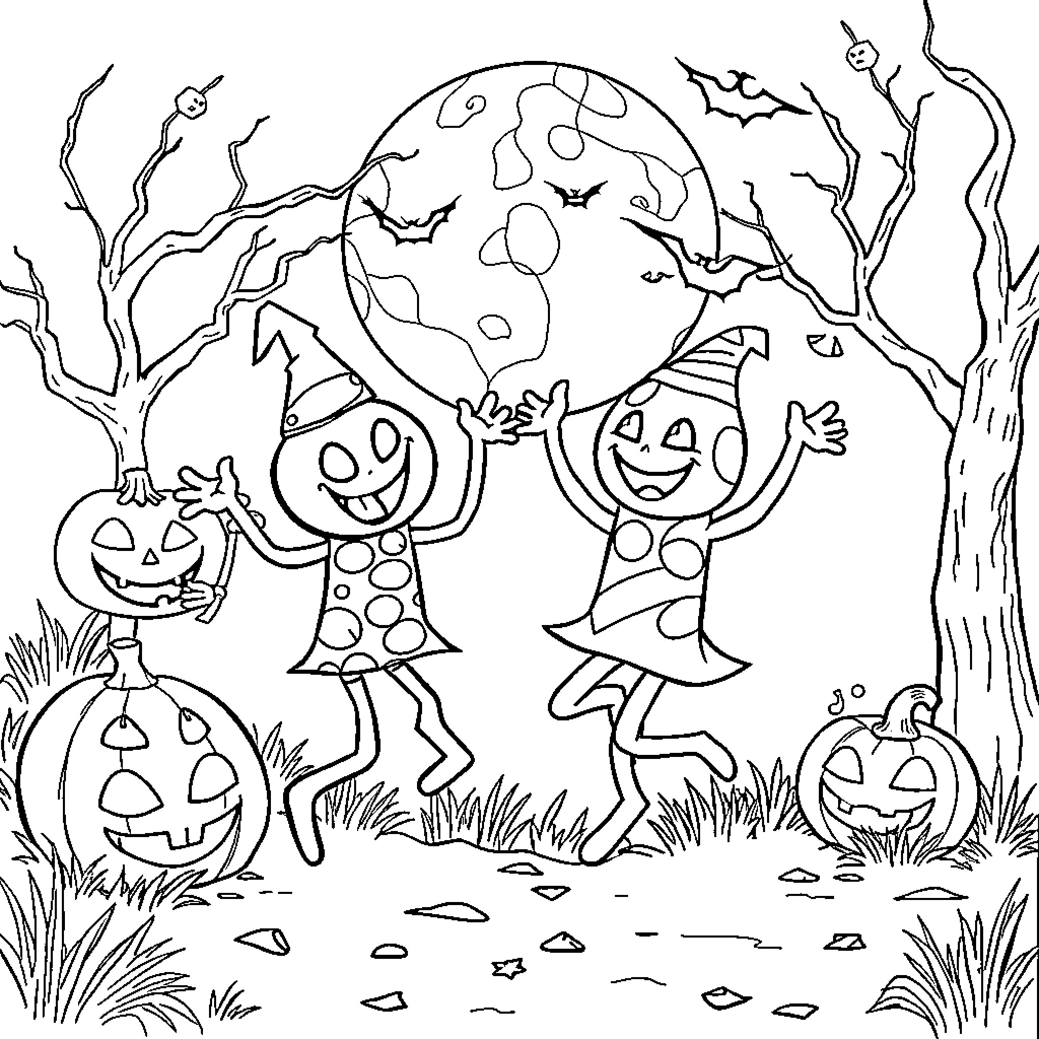 Candy characters celebrating Halloween in the forest Coloring Page (free black-and-white line drawing printable PDF for all, from beginners to advanced learners, including children, teens, adults, and seniors)