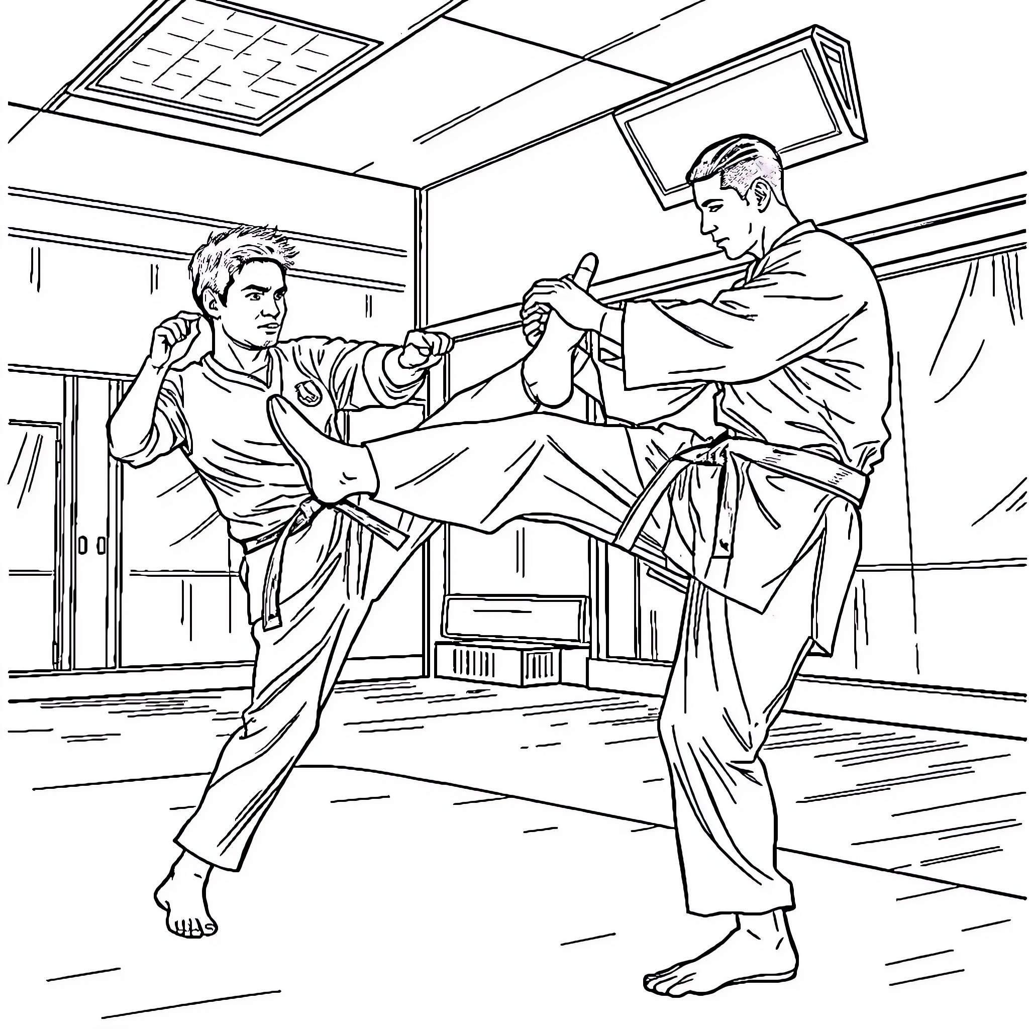 Messi training hard in martial arts studio Coloring Page (free black-and-white line drawing printable PDF for all, from beginners to advanced learners, including children, teens, adults, and seniors)