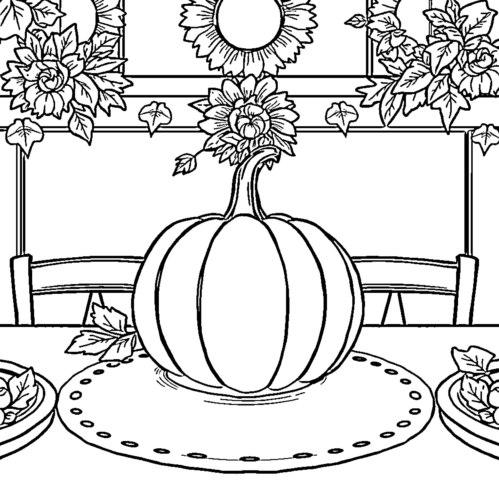Pumpkin on a table with floral accents Coloring Page (free black-and-white line drawing printable PDF for all, from beginners to advanced learners, including children, teens, adults, and seniors)