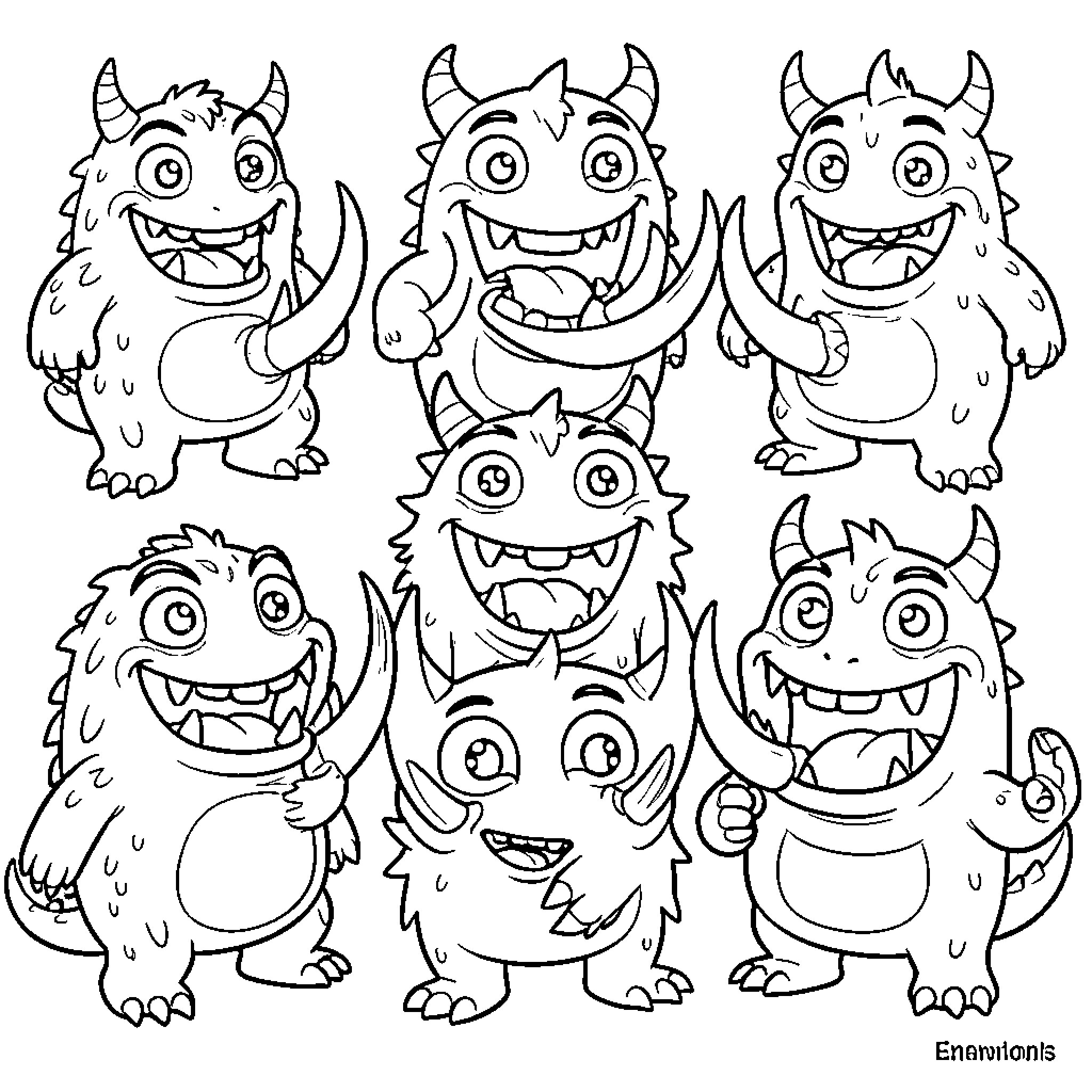 Monsters displaying amusing expressions and gestures Coloring Page (free black-and-white line drawing printable PDF for all, from beginners to advanced learners, including children, teens, adults, and seniors)