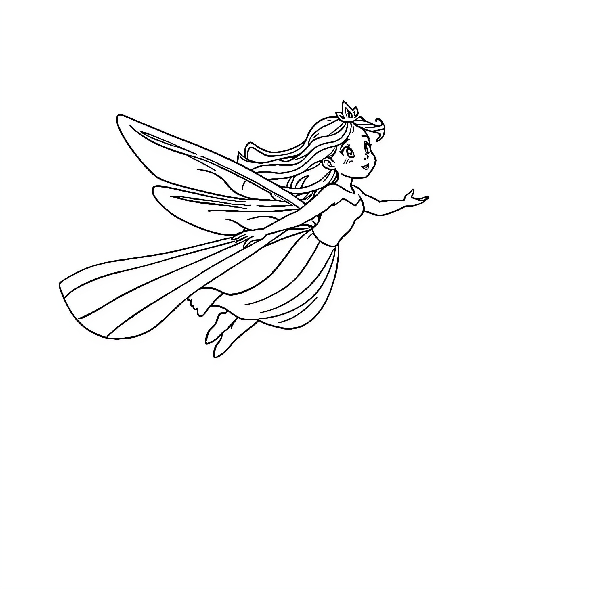 Princess Flying with Graceful Wings Coloring Page (free black-and-white line drawing printable PDF for all, from beginners to advanced learners, including children, teens, adults, and seniors)