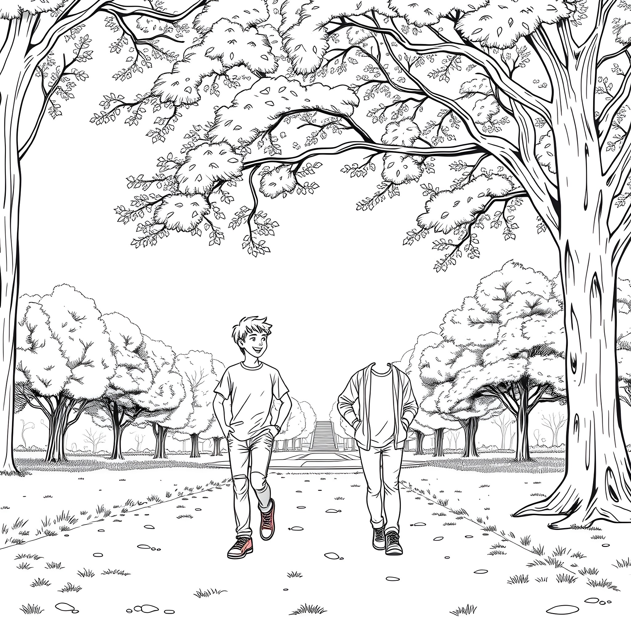 Teen Guys Strolling in the Snowy Park Coloring Page (free black-and-white line drawing printable PDF for all, from beginners to advanced learners, including children, teens, adults, and seniors)