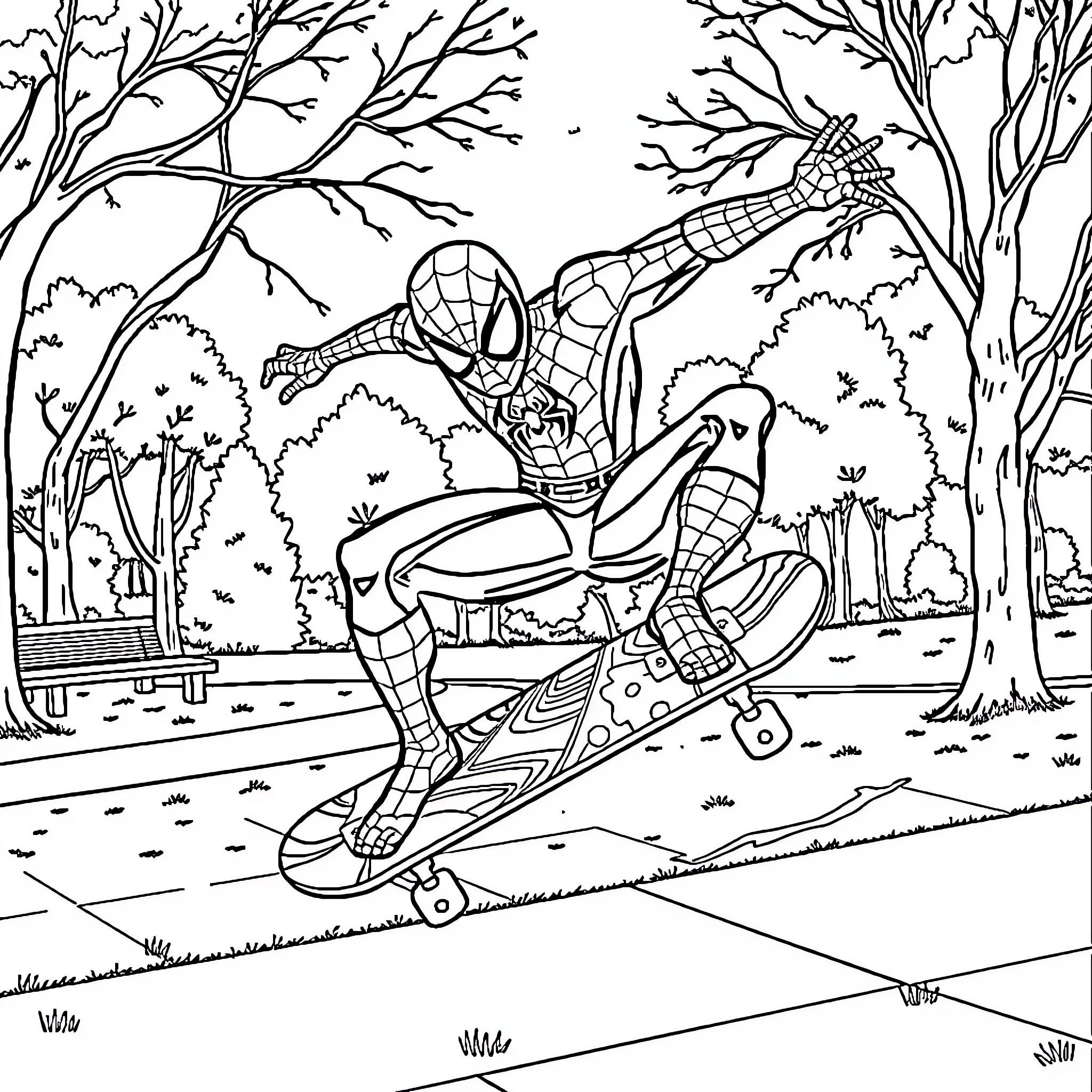 Spiderman swinging through the forest on a skateboard Coloring Page (free black-and-white line drawing printable PDF for all, from beginners to advanced learners, including children, teens, adults, and seniors)