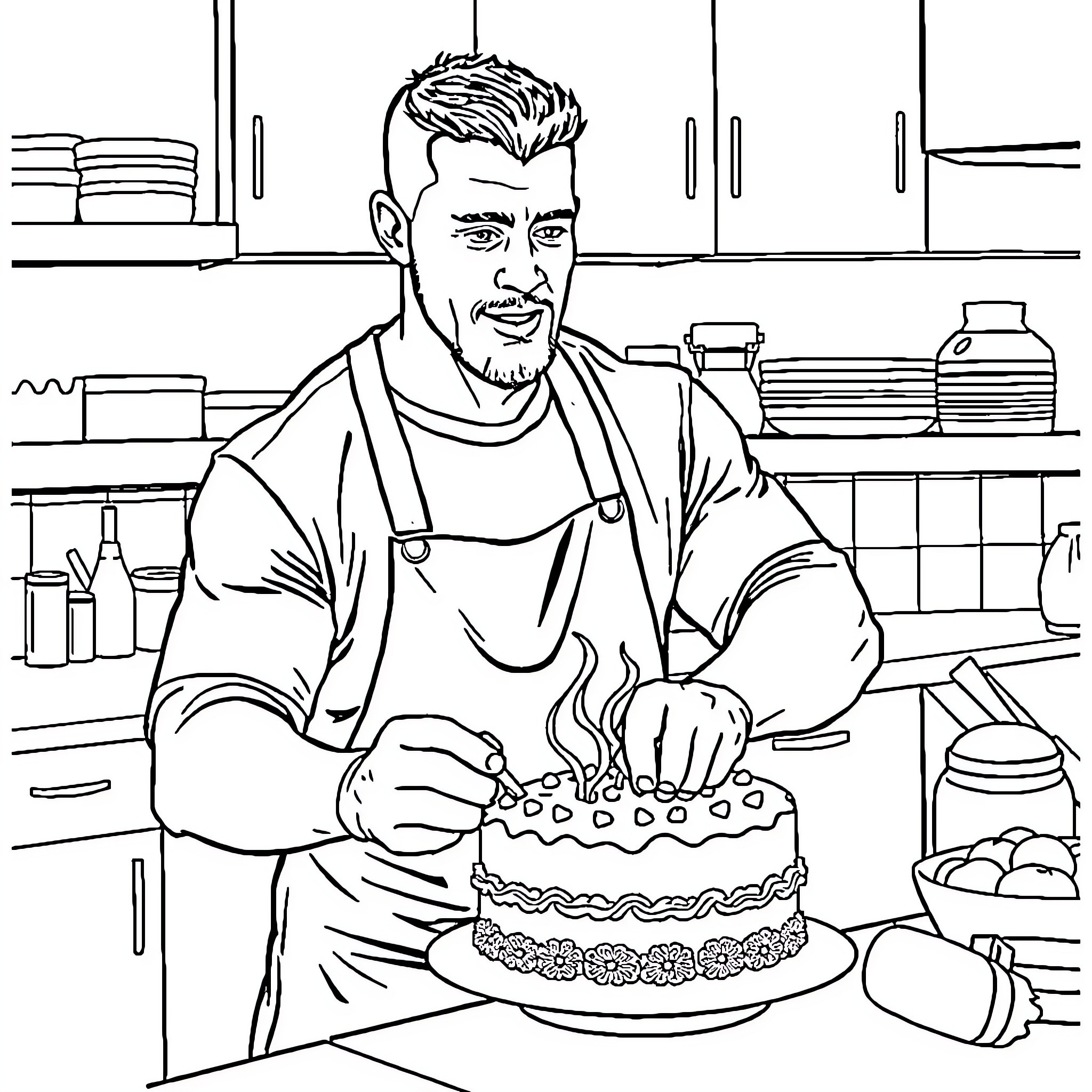 John Cena Decorating a Cake in the Kitchen Coloring Page (free black-and-white line drawing printable PDF for all, from beginners to advanced learners, including children, teens, adults, and seniors)