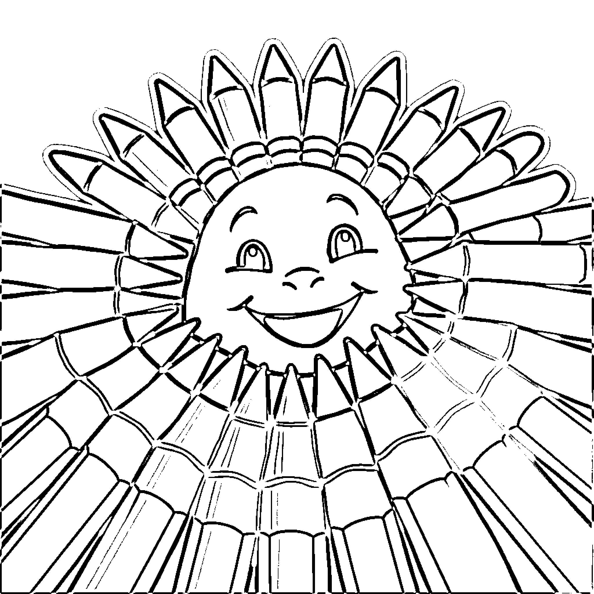 Crayon Sunburst Smiley Doodle Coloring Page (free black-and-white line drawing printable PDF for all, from beginners to advanced learners, including children, teens, adults, and seniors)